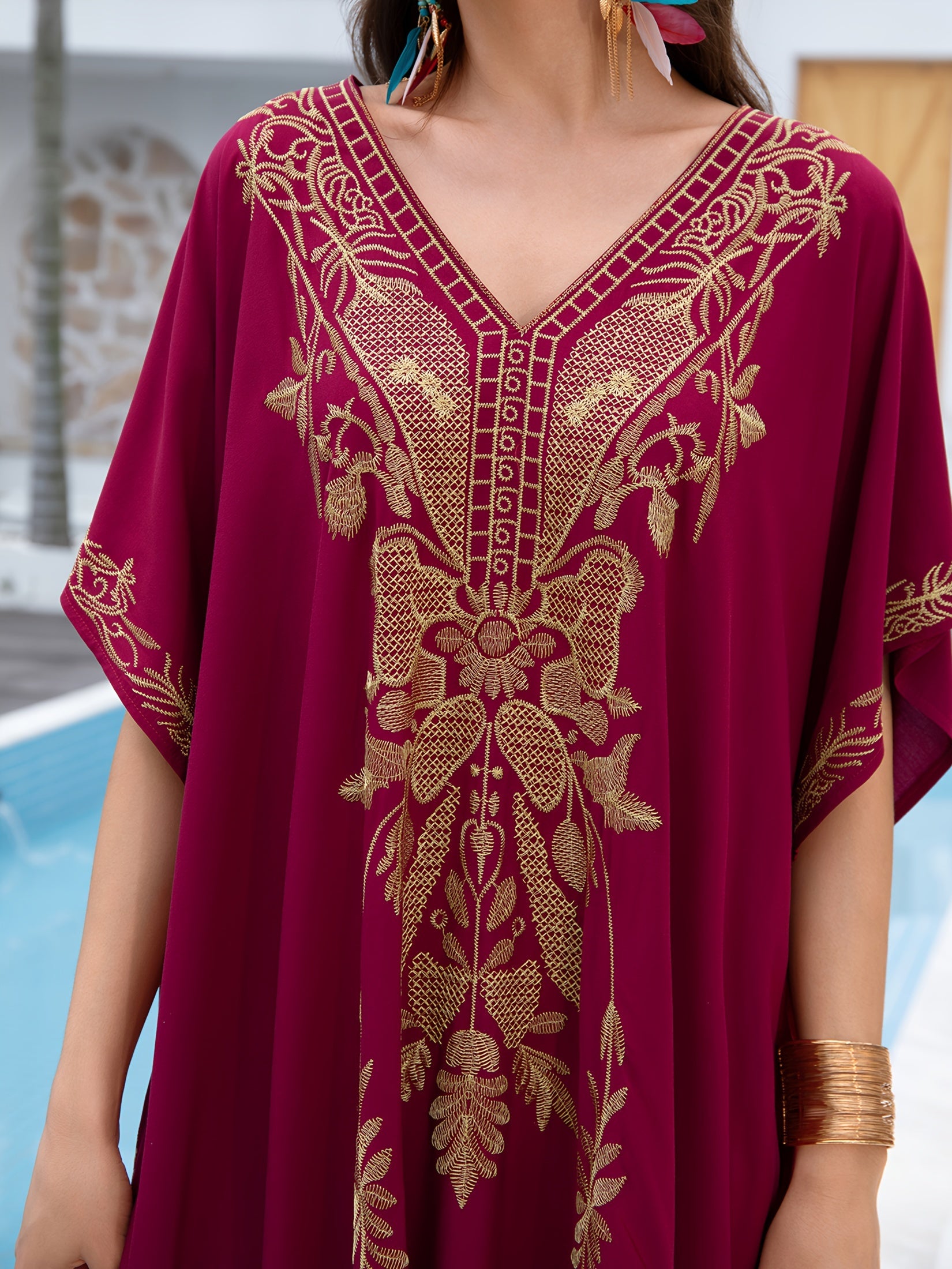 Ayollar uchun katta o'lchamli tikilgan batwing qo'lqopli V-shakllı maksi kiyi