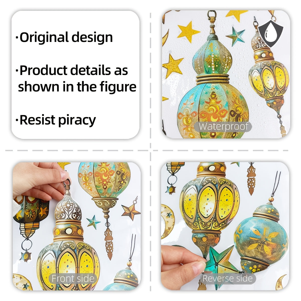 Ramazon bayrami uchun ikki tomonlama oy va yulduzlar dekori - 30.48 sm x 60.96 sm - Yotoqxona, Oila xonasi va Balkon bezatish uchun qayta ishlatiladigan PVC statik yopishqoq - Lanternlar, Shisha uchun ideal, D16013-YJ