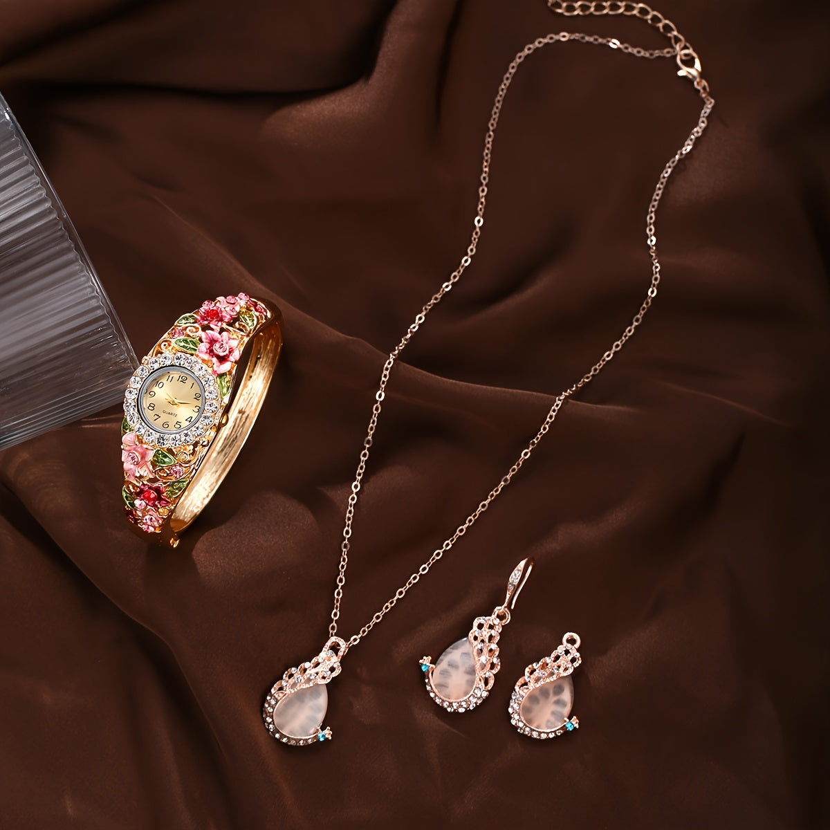 Set of 4 Women's Baroque Flower Quartz Bracelet Watches with Rhinestone Cuff Jewelry Set