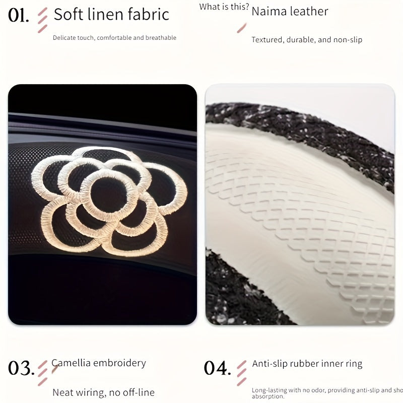 Universal Breathable Linen Steering Wheel Cover Sweat-Absorbent Anti-Slip All-Season Car Grip