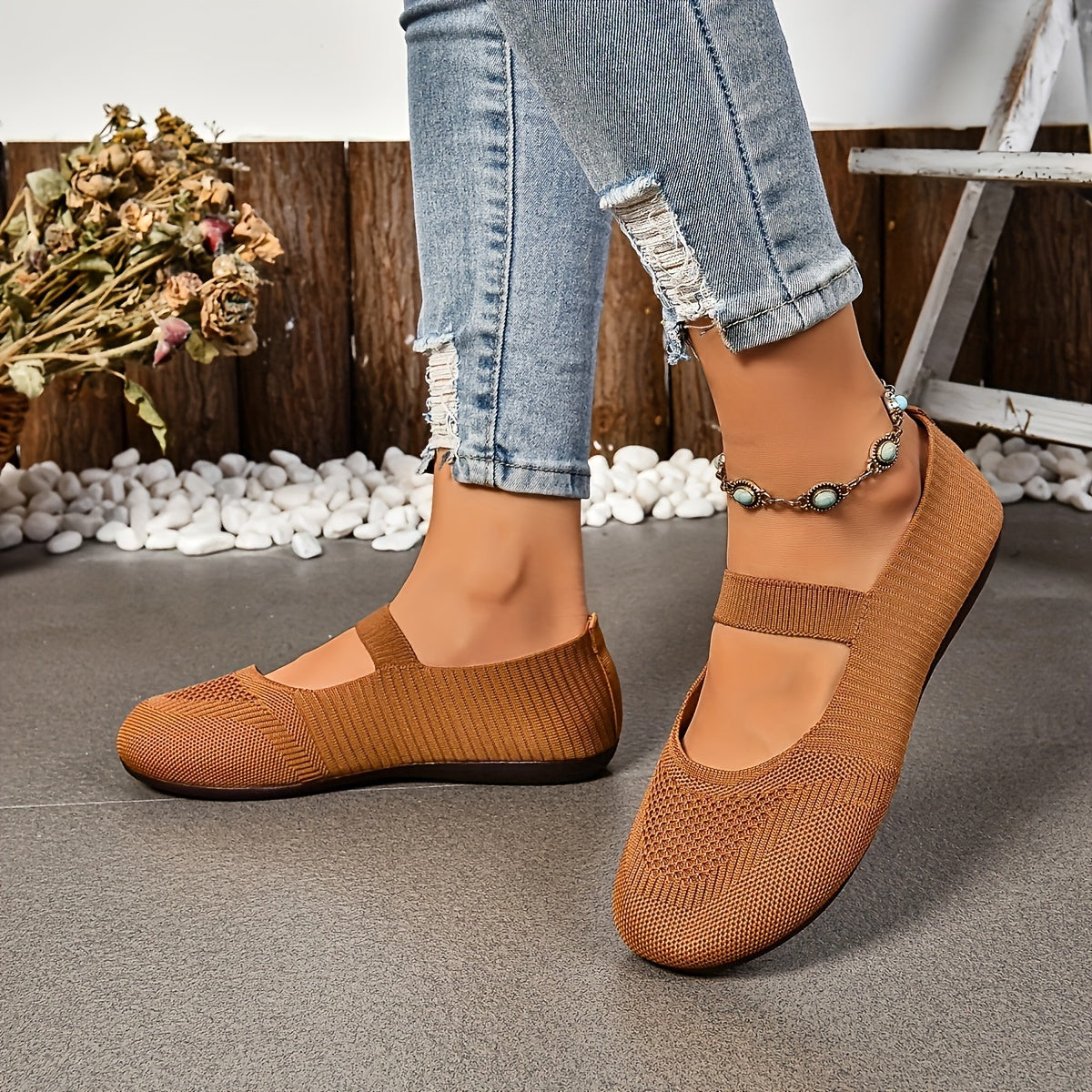 Zapatos planos transpirables de punto para mujer, ligeros y sin cordones, con suela de goma