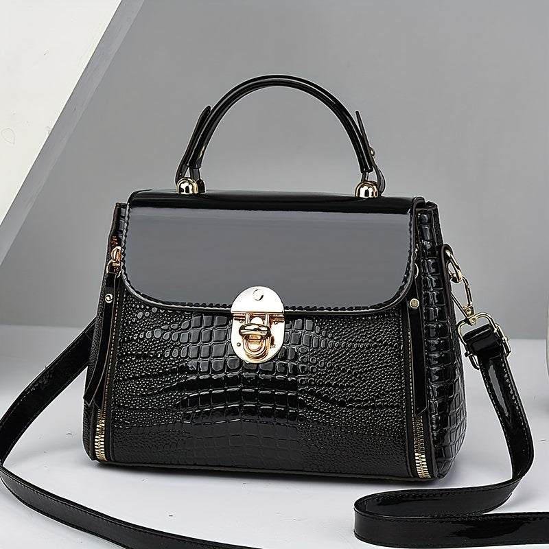 Women's Crocodile Pattern PU Handbag with Buckle Closure and Large Capacity for Shoulder Use