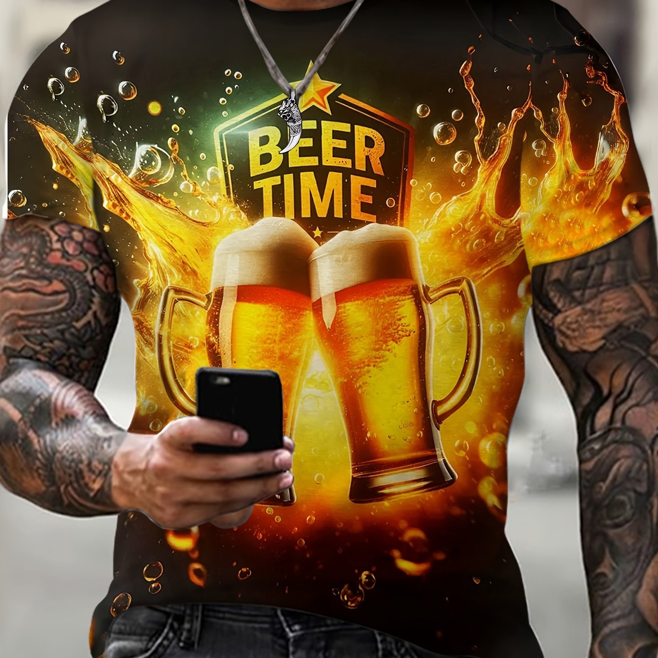 Camiseta gráfica de talla grande para hombre con diseño de cerveza y llama, mezcla de algodón, casual de manga corta
