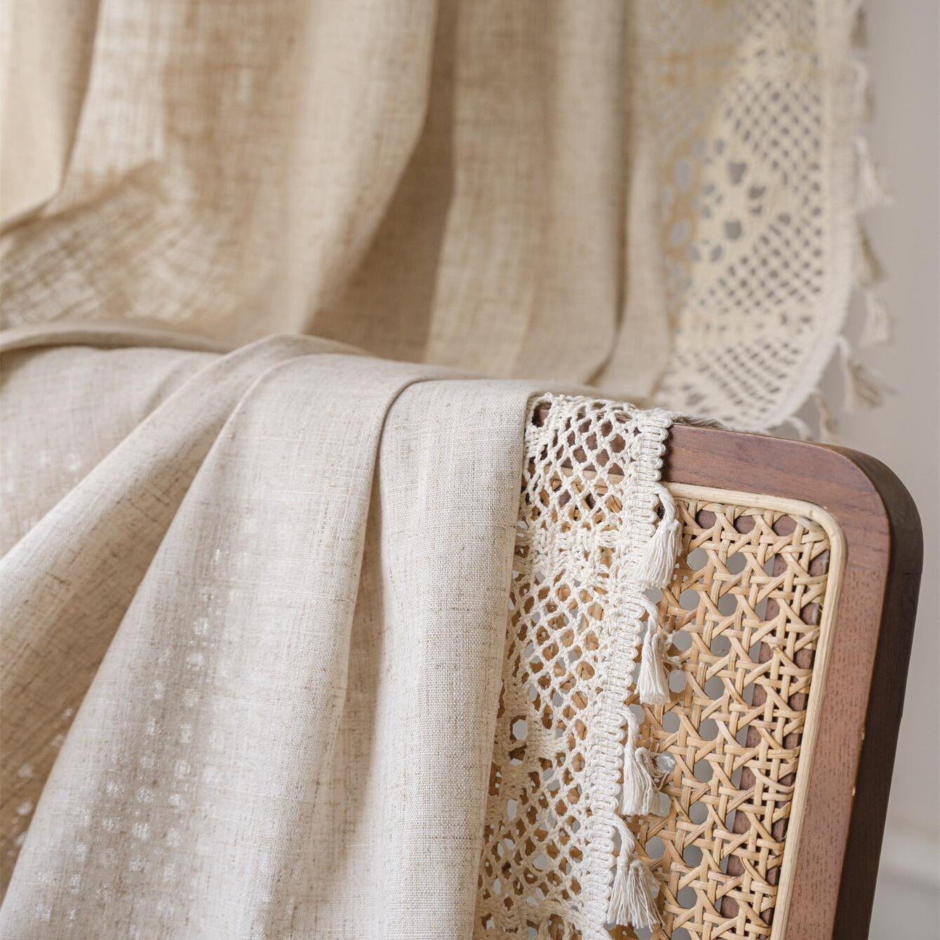 Linen Crochet Curtain with Tassels Semi-Sheer Rod Pocket Farmhouse Style for Living Room Bedroom Kitchen