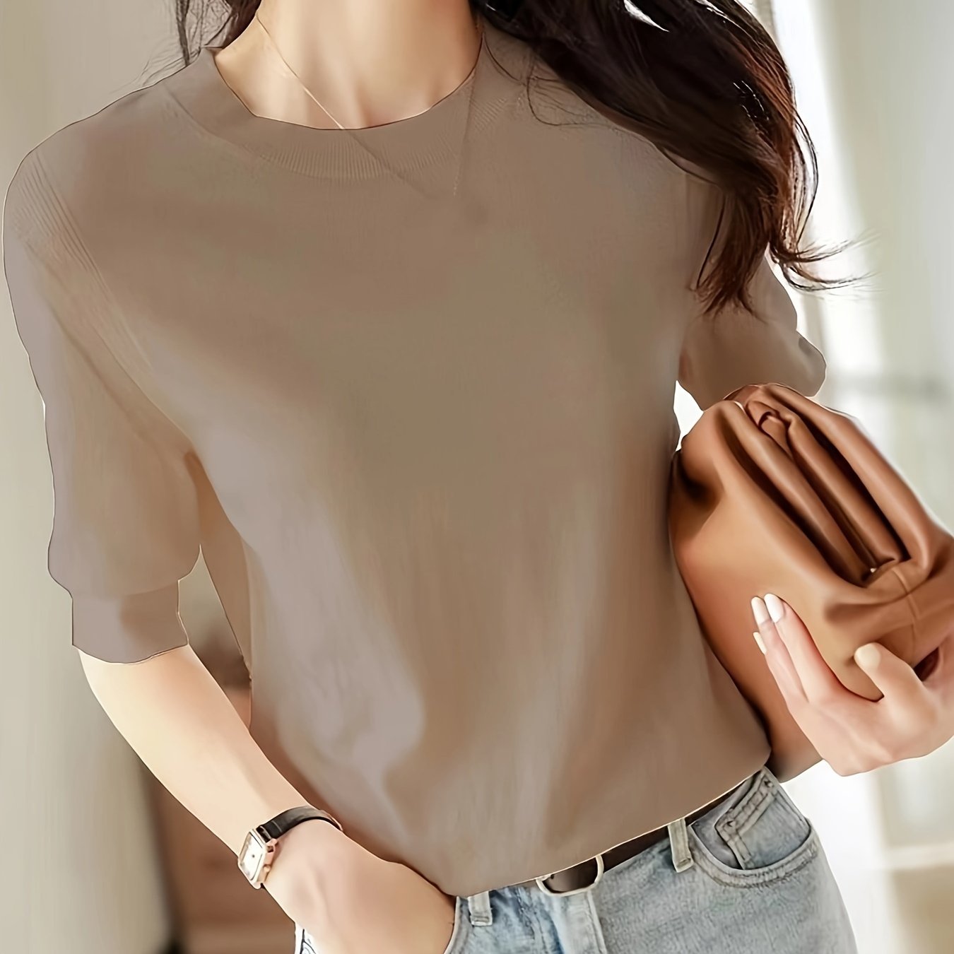 Women's Knit Sweater Crew Neck Solid Short Sleeve Spring Summer Casual