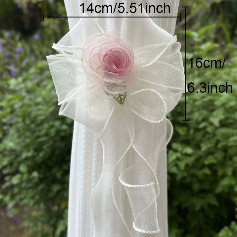 Pasador de cortina de encaje blanco con rosa artificial, cinta de organza transparente para dormitorio, sala de estar, cocina, boda, Navidad