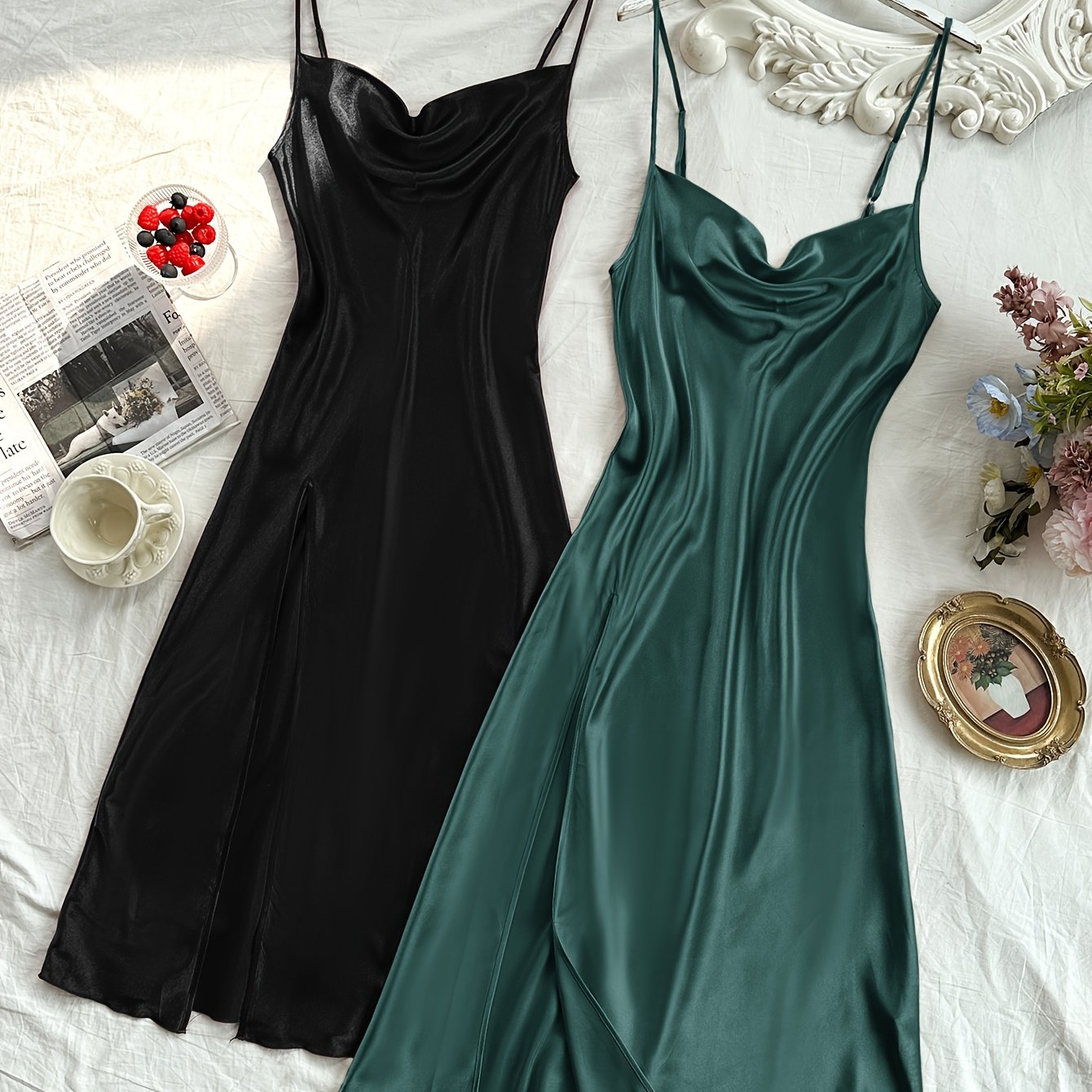 Women's Satin Turtleneck Sleep Dress Backless Split Solid Color Nightgown All-Season
