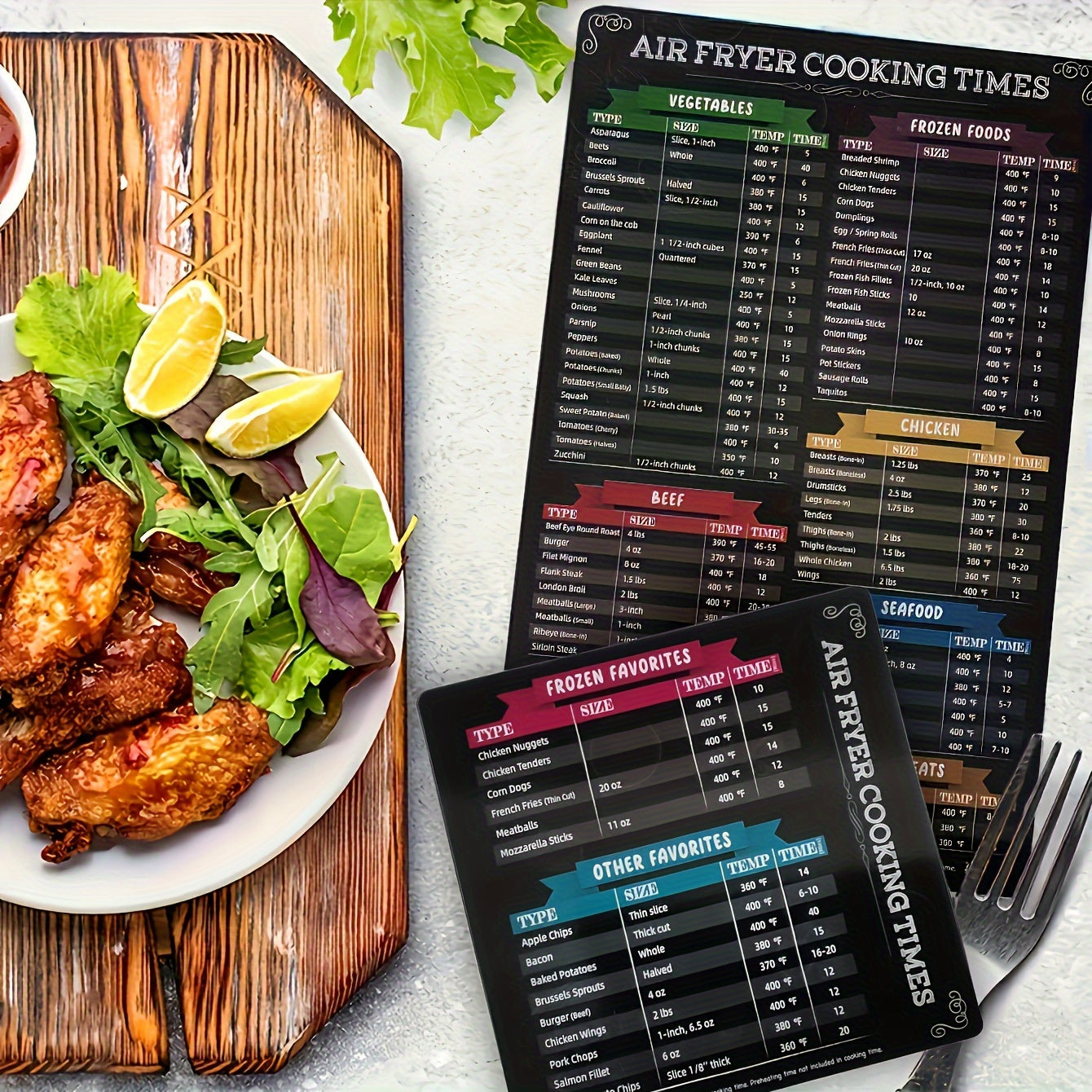 Black Magnetic Air Fryer Cheat Sheets Two-Piece Cooking Times Guide