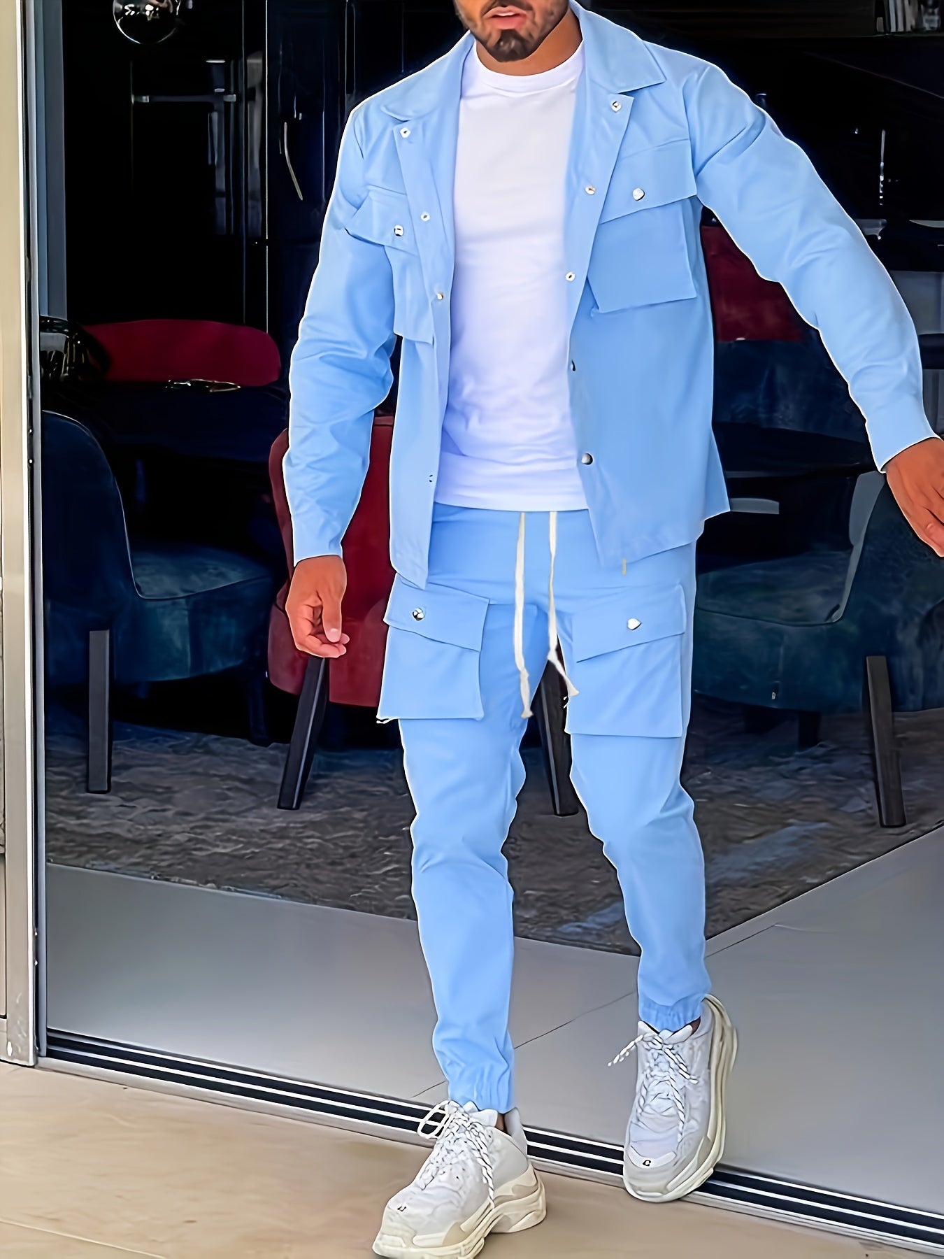 Men's Casual Outfit Set Solid Polyester Regular Fit with Pockets Machine Washable