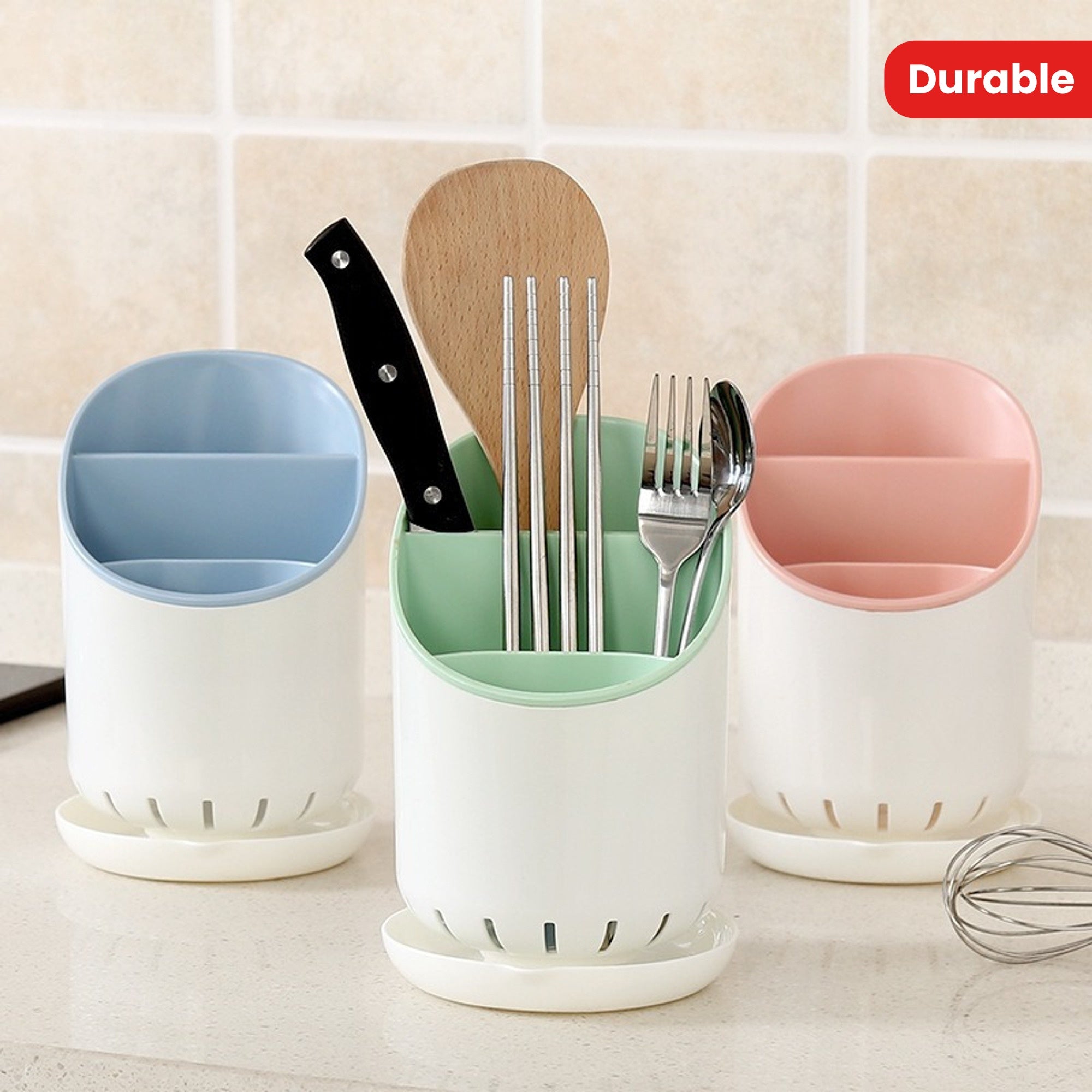 Soporte para utensilios de plástico con diseño de doble capa y bandeja de drenaje para organización de cocina