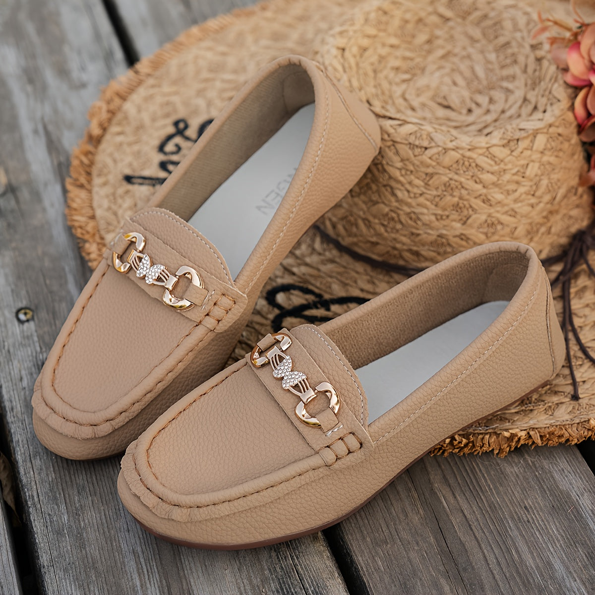 Women’s Faux Leather Slip-On Loafers with Crystal Accents Beige Non-Slip Sole