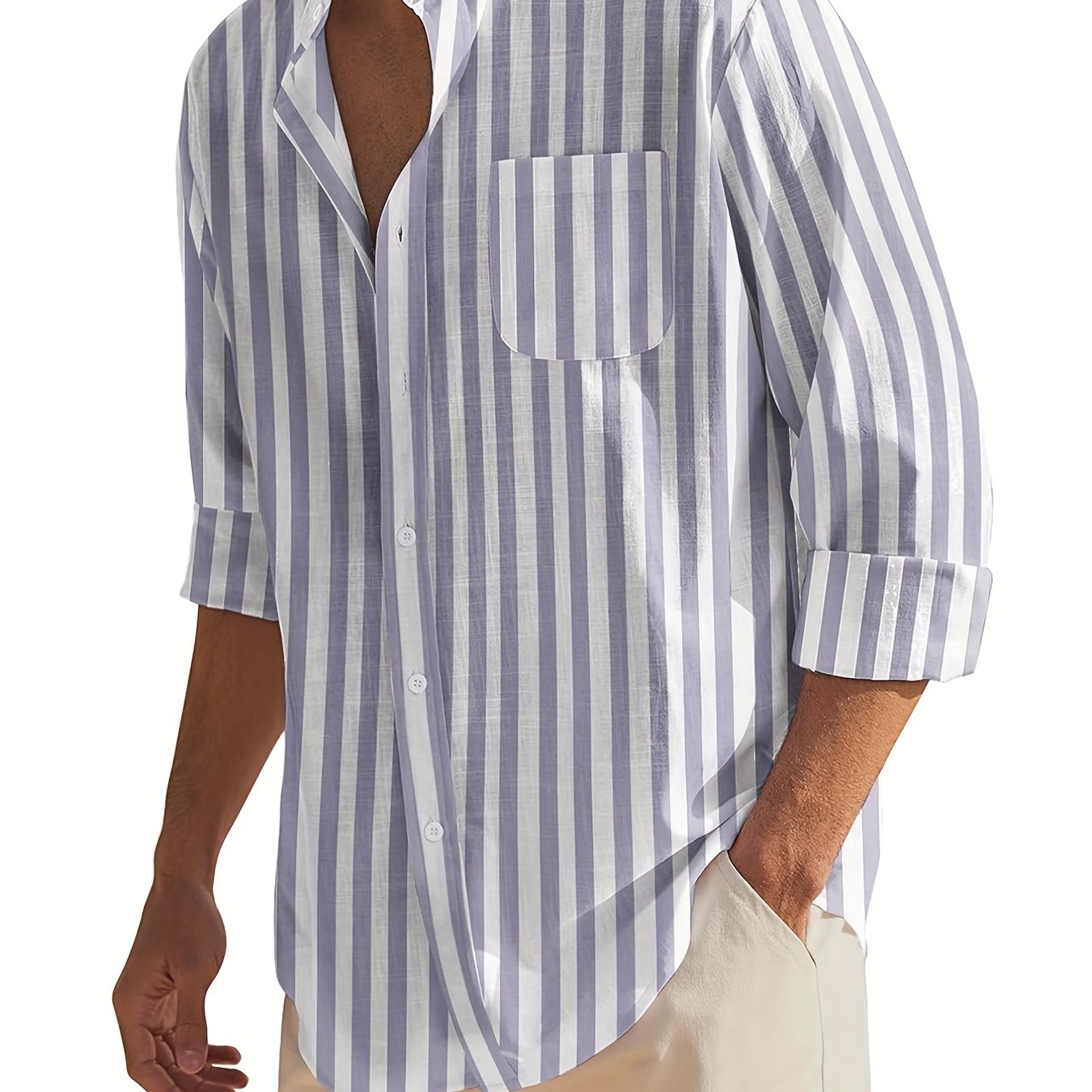 Men's Cotton Vertical Striped Band Collar Shirt Long Sleeve Casual Wear
