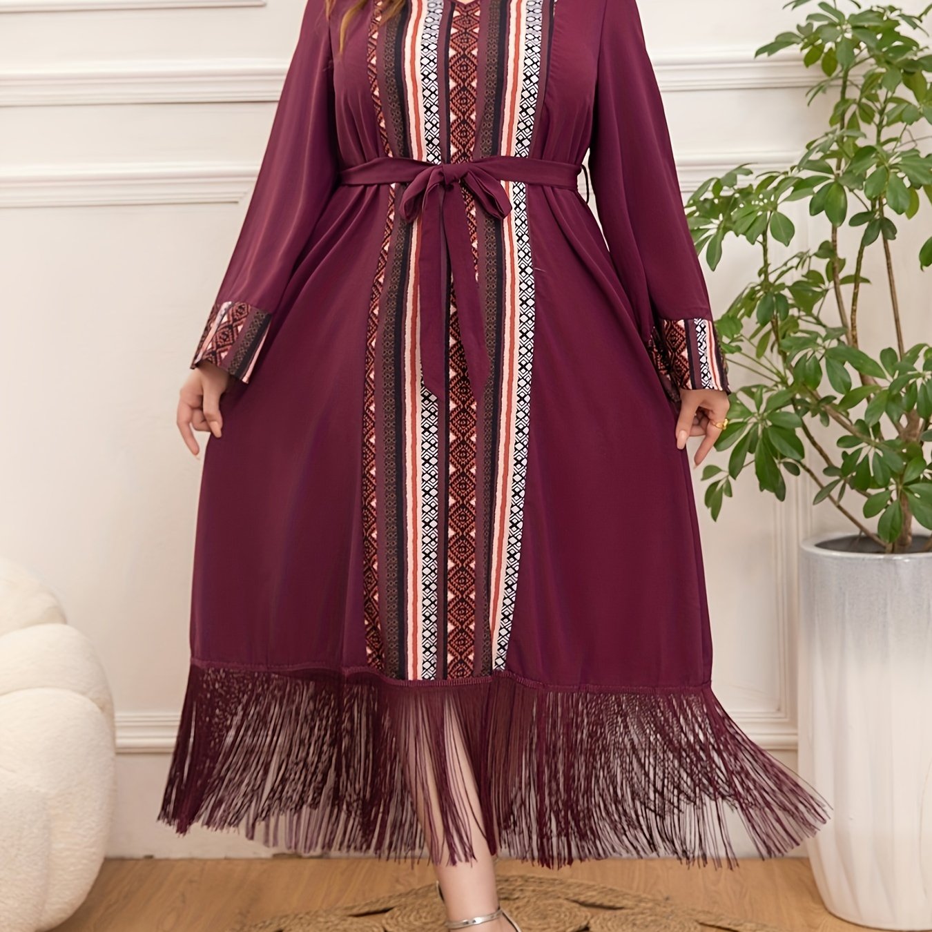 Women's Plus Size Tassel V-Neck Dress for Middle Eastern Style