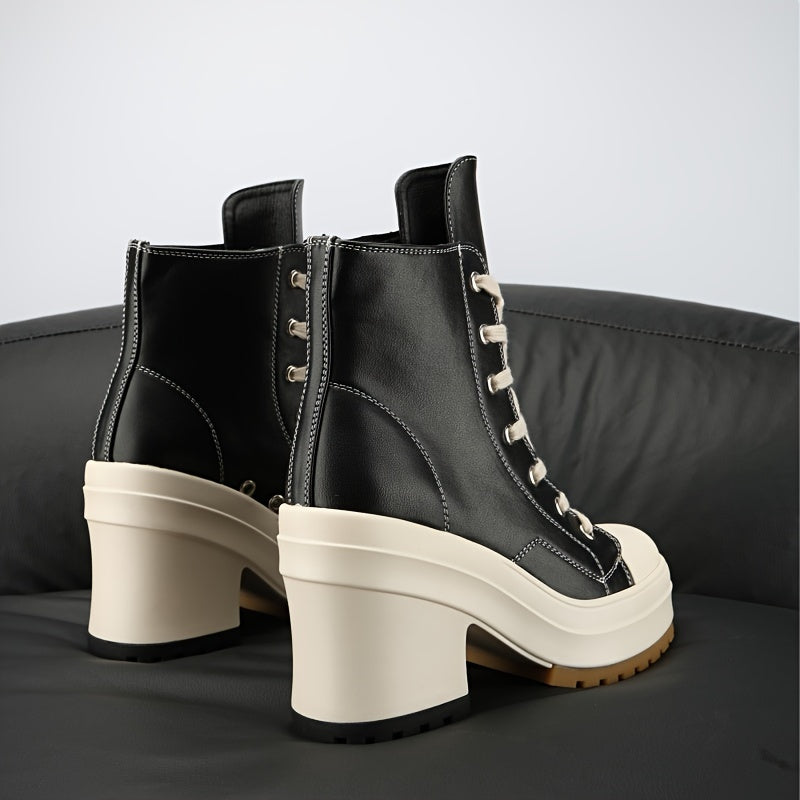 Women's Chunky Platform Ankle Boots Casual High Heel Short Boots Solid Color