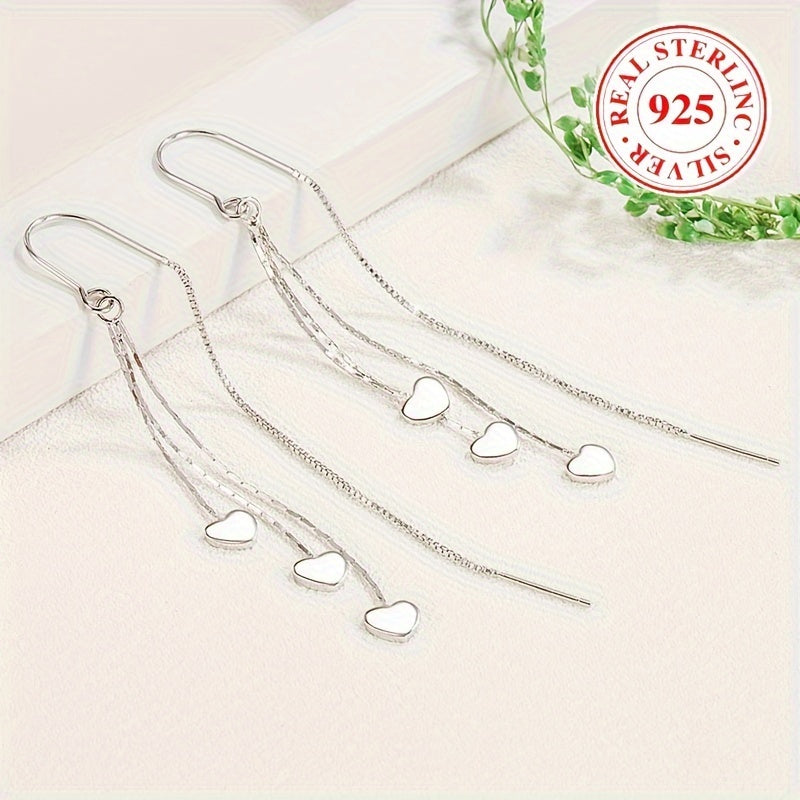 Sterling Silver Heart Chain Tassel Dangle Earrings for Women