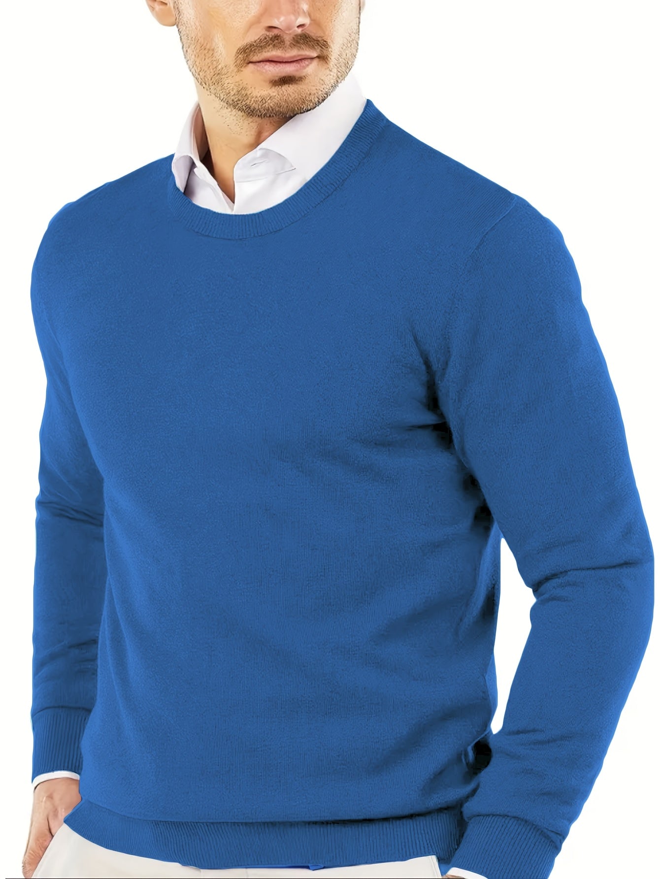 Suéter de punto de color sólido para hombre, manga larga, cuello redondo, otoño e invierno, mezcla de rayón