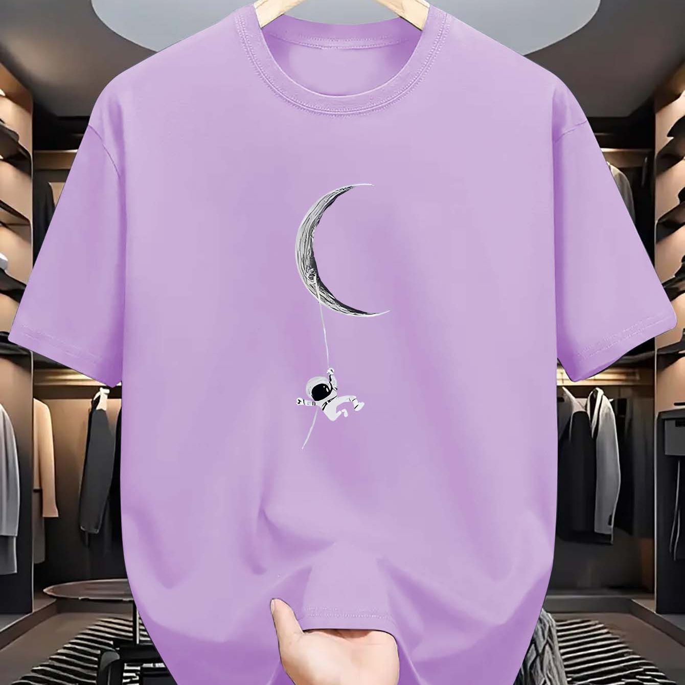 Men's Polyester Crew Neck T-Shirt with Astronaut and Moon Graphic for Summer Casual Fit