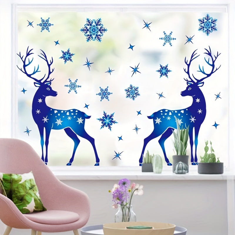 Christmas Window Decorations Set 5 Pieces Blue Snowflake and Deer Stickers Removable