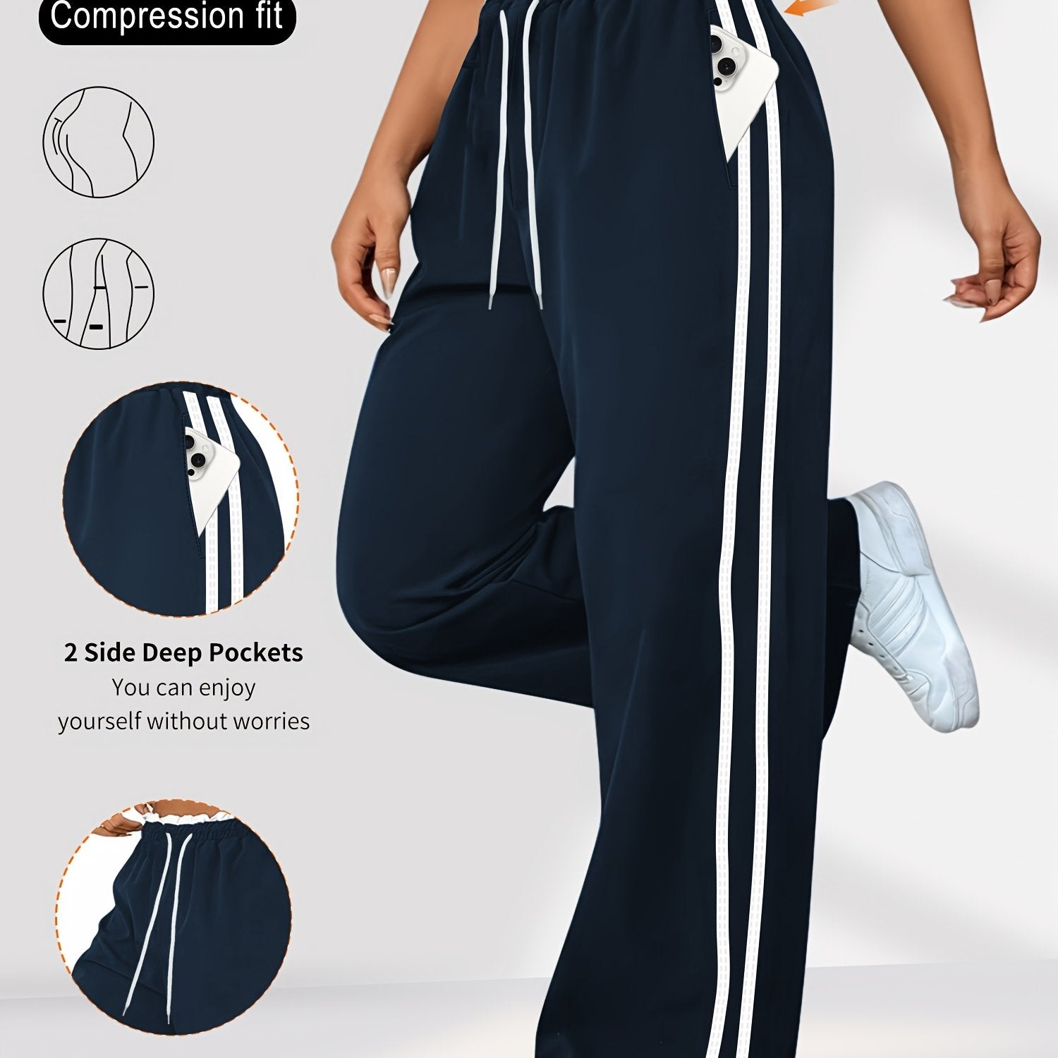Pantalones casual de mujer de talla grande con cintura alta, rayas laterales y cordón ajustable