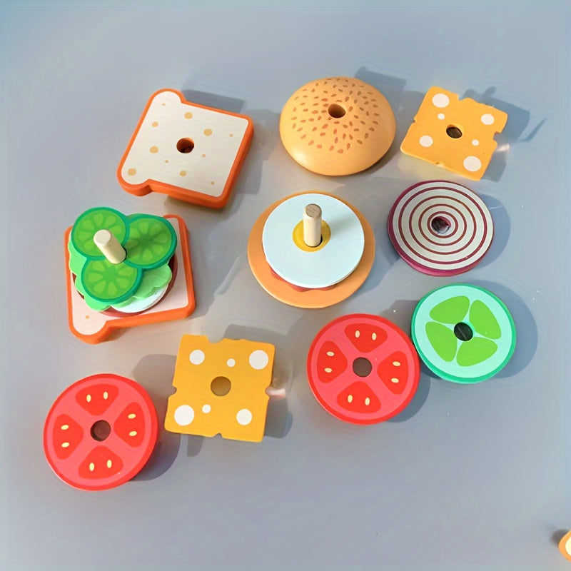 Kids Wooden Pretend Food Set for Kids Kitchen Play with Sandwich and Hamburger Toys