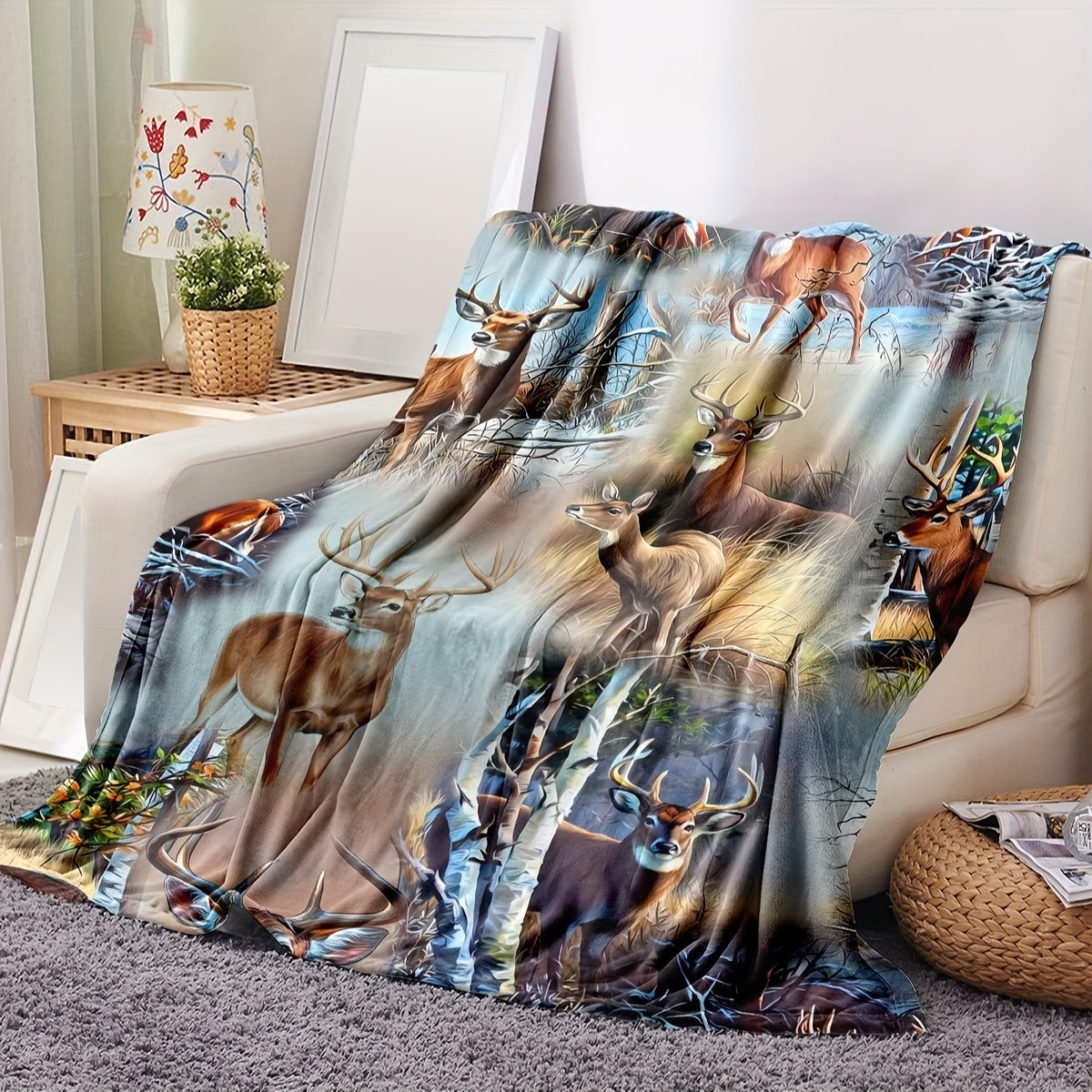 Plush Flannel Deer-Design Throw Blanket for Couch Bed Travel All-Season