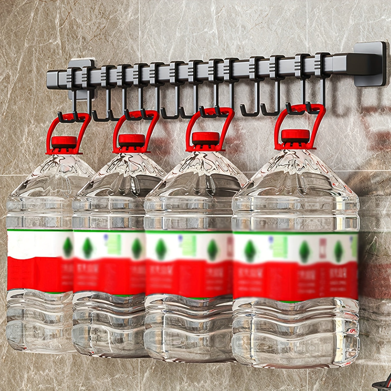 Contemporary Wall-Mounted Kitchen Utensil Holder with Movable Hooks and Organizer Shelf