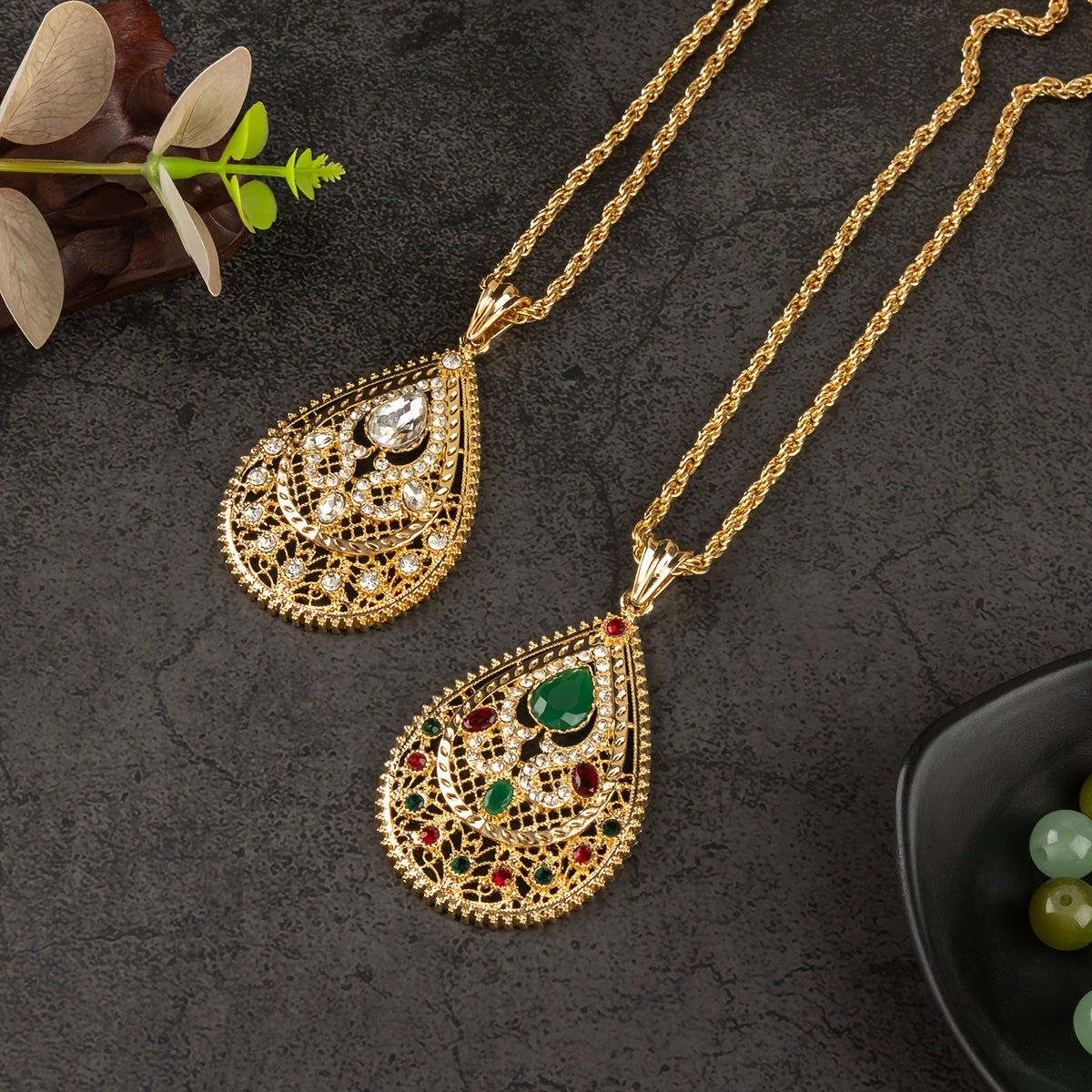 Moroccan Bridal Necklace with Gold-Tone Water Drop Pendant and Floral Engraving 60cm Chain