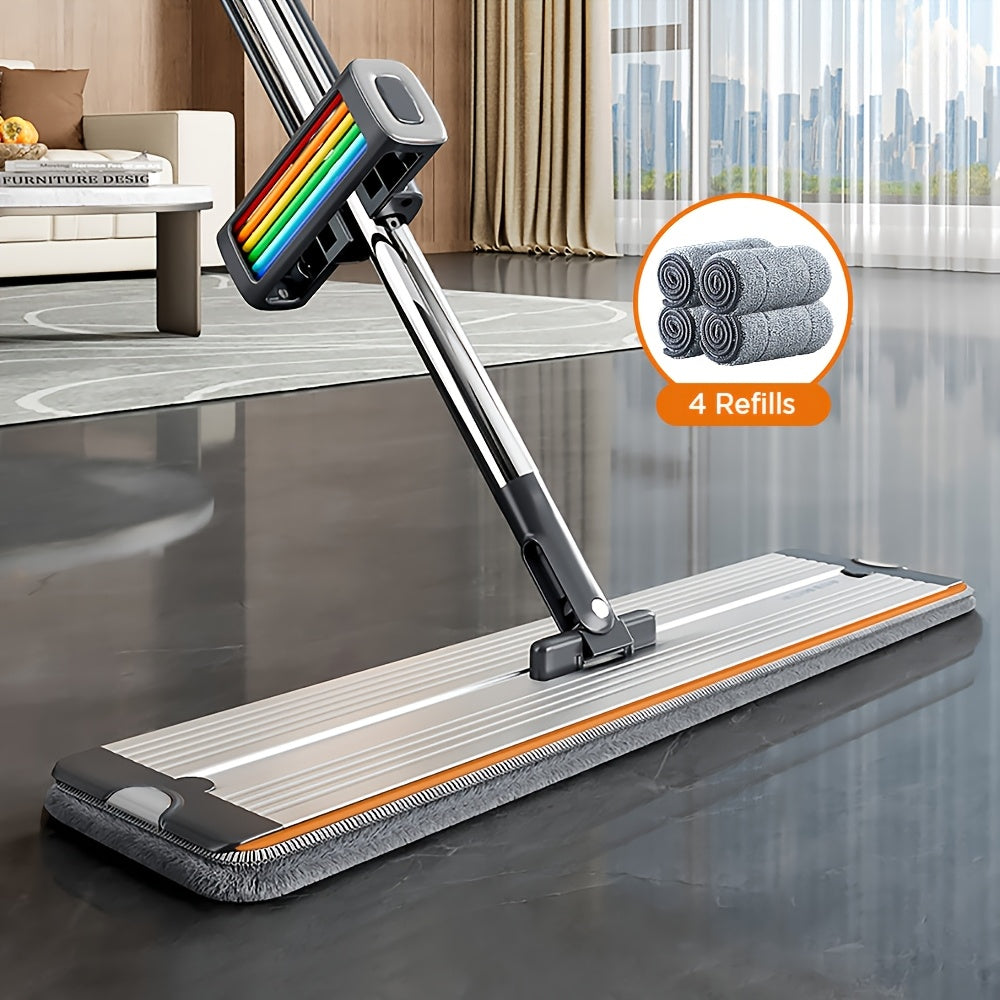 Rainbow Self-Wringing Flat Mop 360° Qoʻlni Boshqarishsiz Yuvish, Stainless Steel Qoʻlqop, 4 Qayta Ishlatiladigan Mikrofiber Yostiq - Yashash xonasi, Yotoqxona, Vannaxona, Oshxona polini tozalash uchun ideal - Plastik Hoʻl va Quruq Mop, oʻlchami 45.21 sm