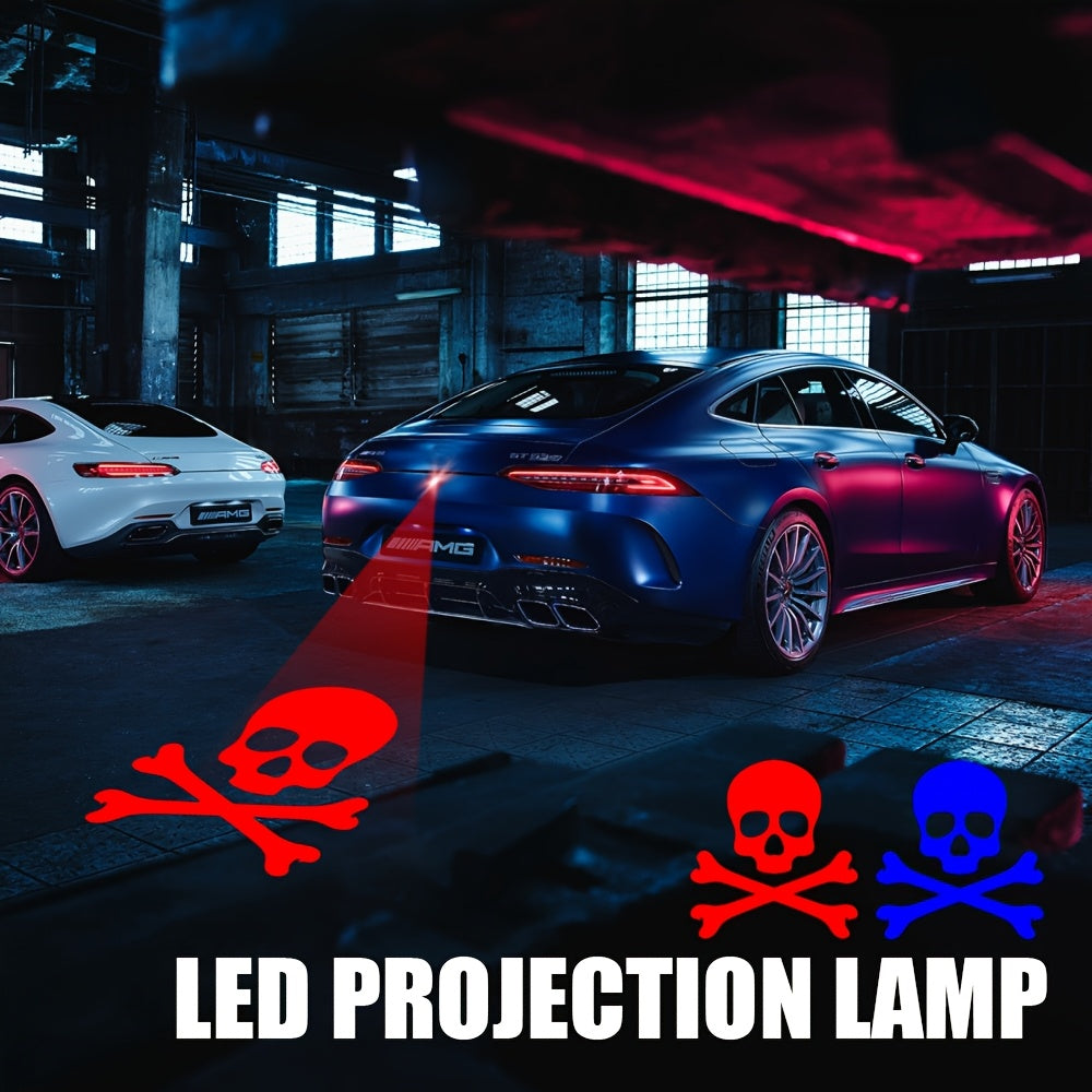 GCYS LED Neon Skull xavfsizlik chirog'i avtomobillar va mototsikllar uchun - mustahkam joylashadi, to'qnashuvlardan ogohlantiradi, 12-24V uchun simli, bezak chirog'ini proyeksiya qiladi.