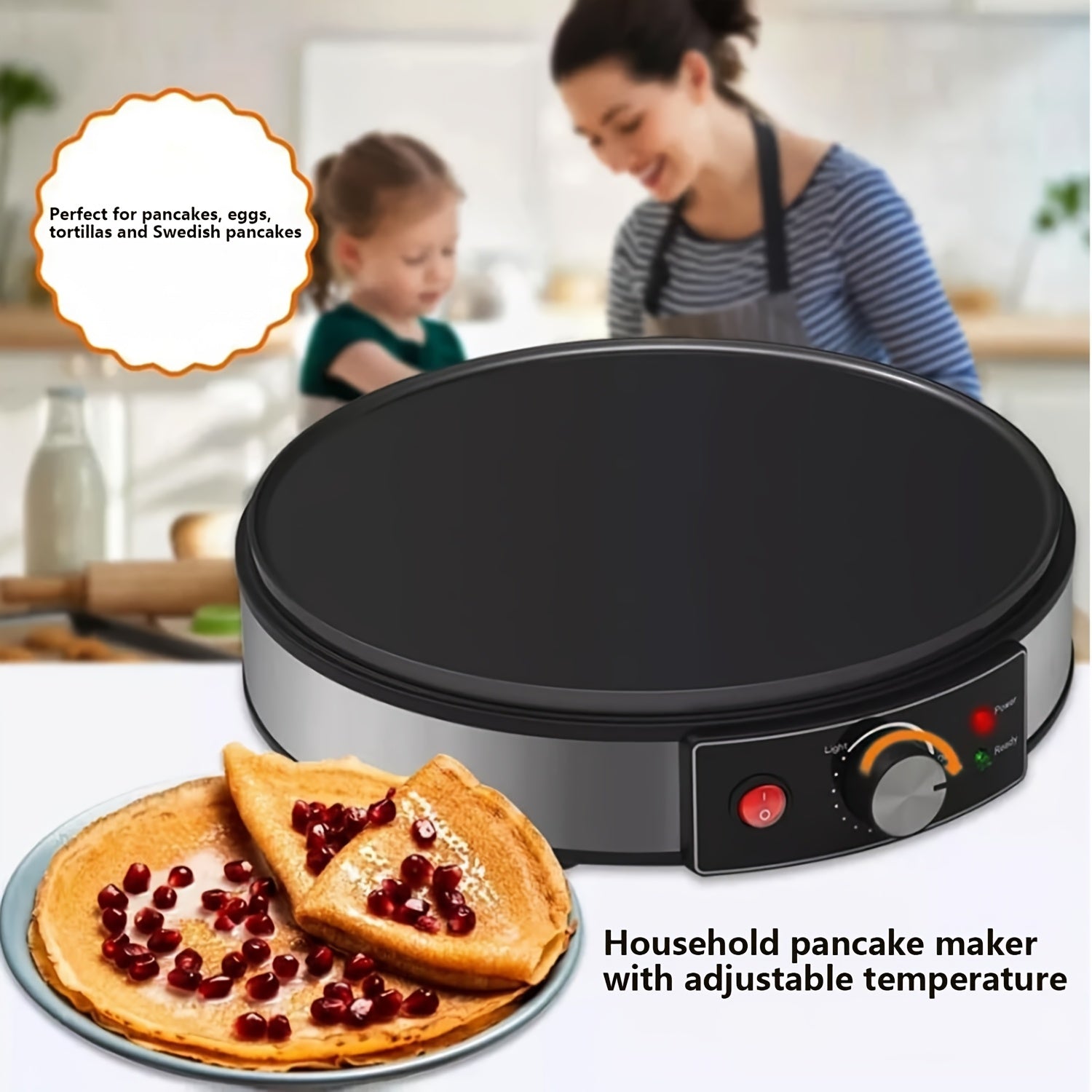 Yog‘ochsiz qovurilgan pan bilan elektr pancake tayyorlagich - turli xil nonushta taomlari uchun ideal. Sozlanadigan harorat nazorati, xamir tarqatuvchi va mustahkam konstruktsiya.