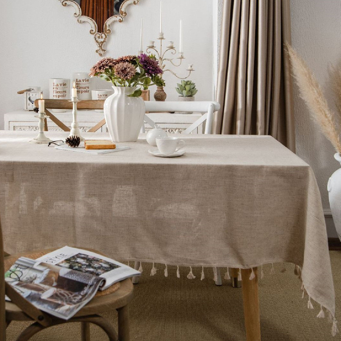 Beige Linen Farmhouse-Style Tablecloth with Fringed Edges for Holidays and Events