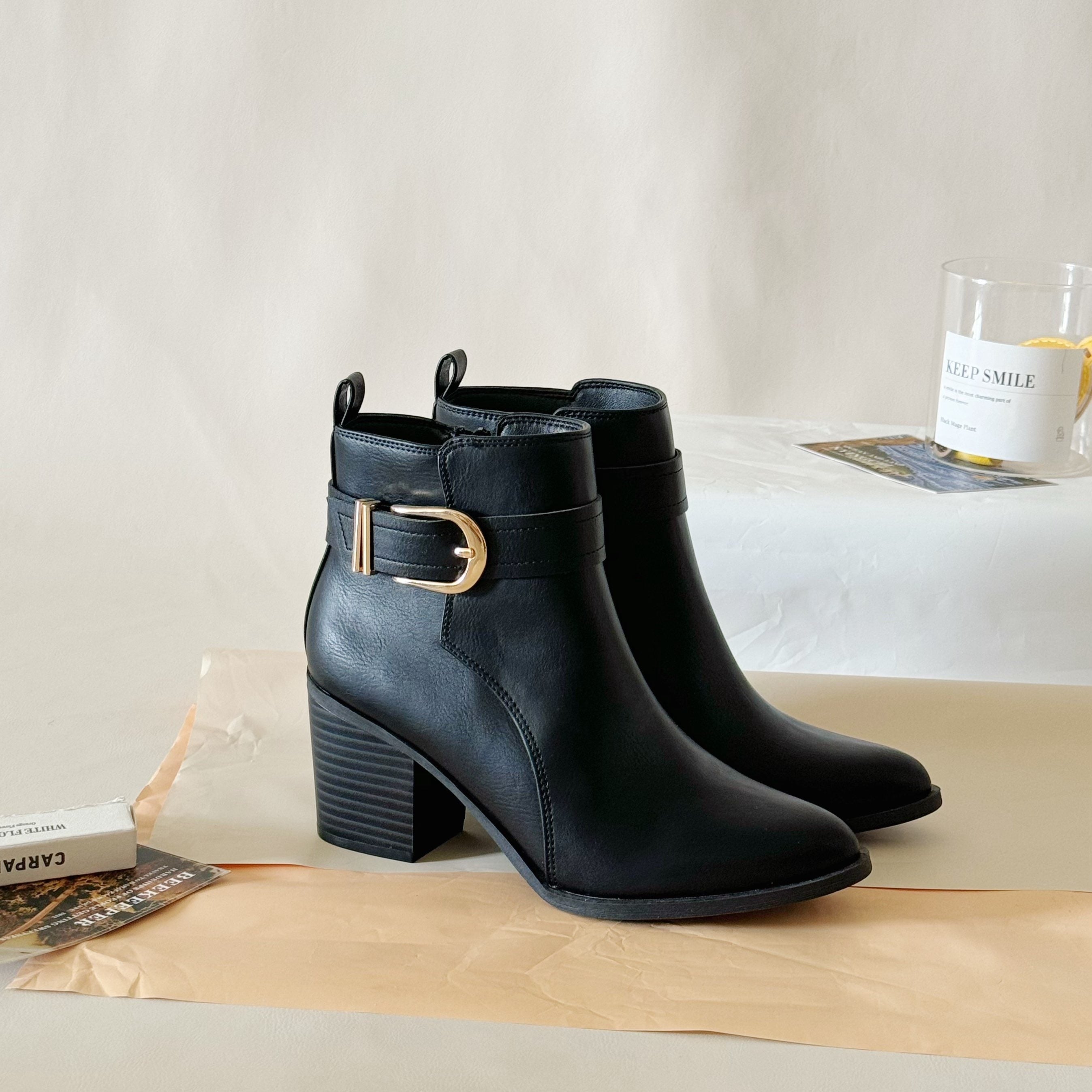 Women's Faux Leather Ankle Boots with Chunky Heel and Pointed Toe