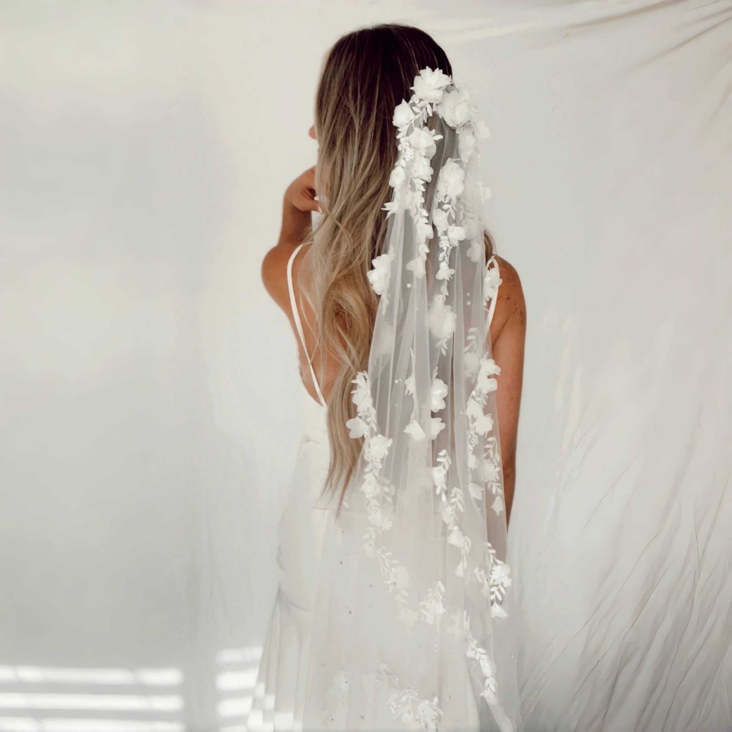 Glamorous Wedding Veil with Handmade Flowers and Pearls 100cm Bridal Accessory