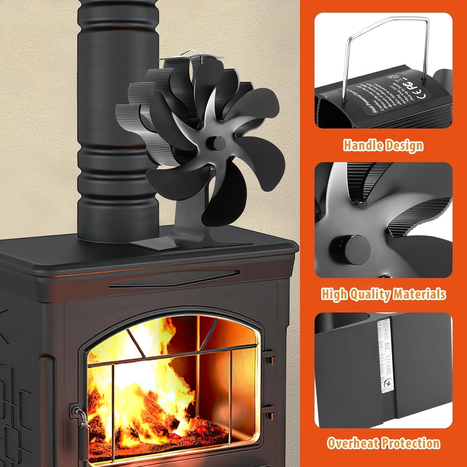 Aluminum Fireplace Fan with 6 Blades, Heat Powered, Large Home Use