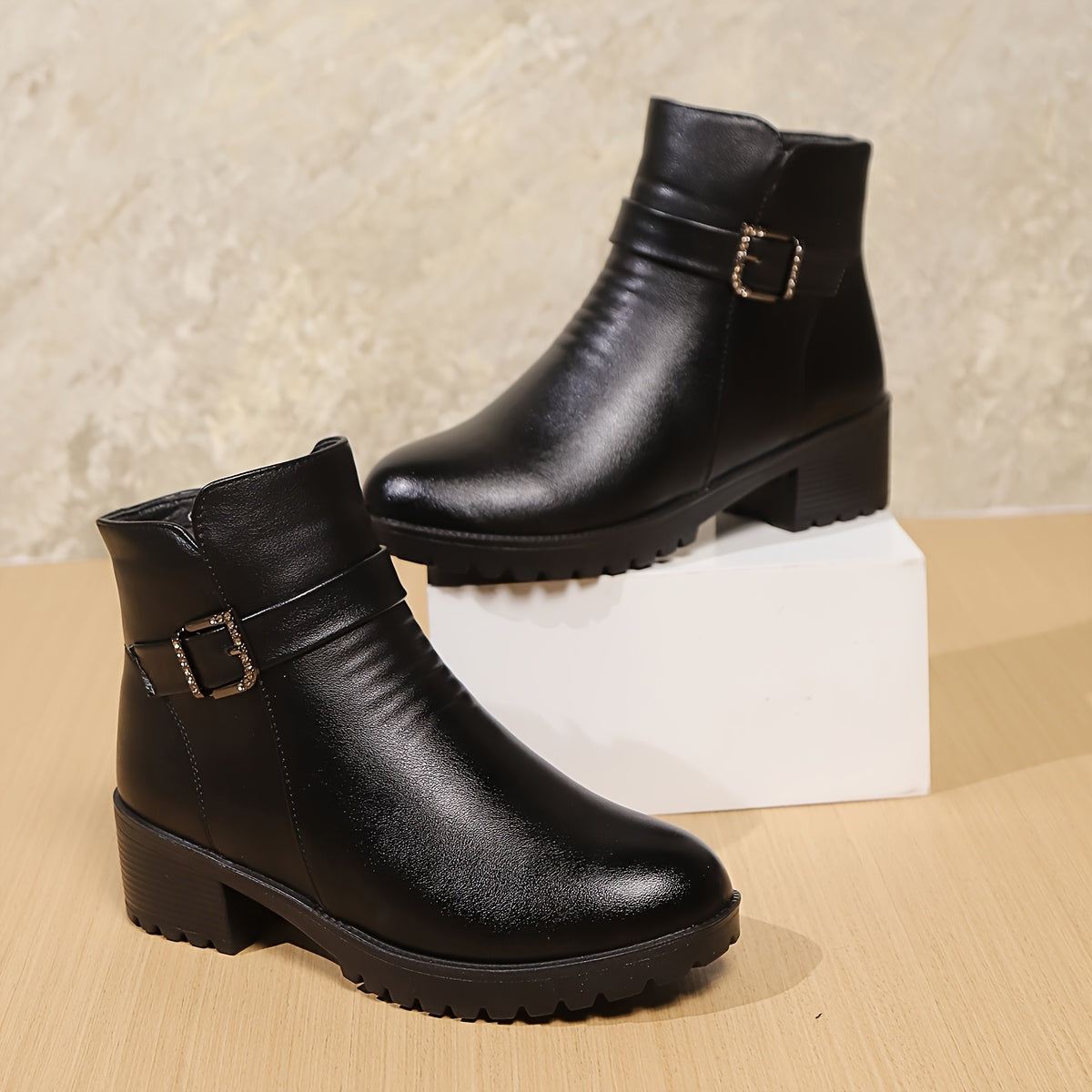 Women's Anti-Slip PU Cover Ankle Boots with Chunky Mid-Heel