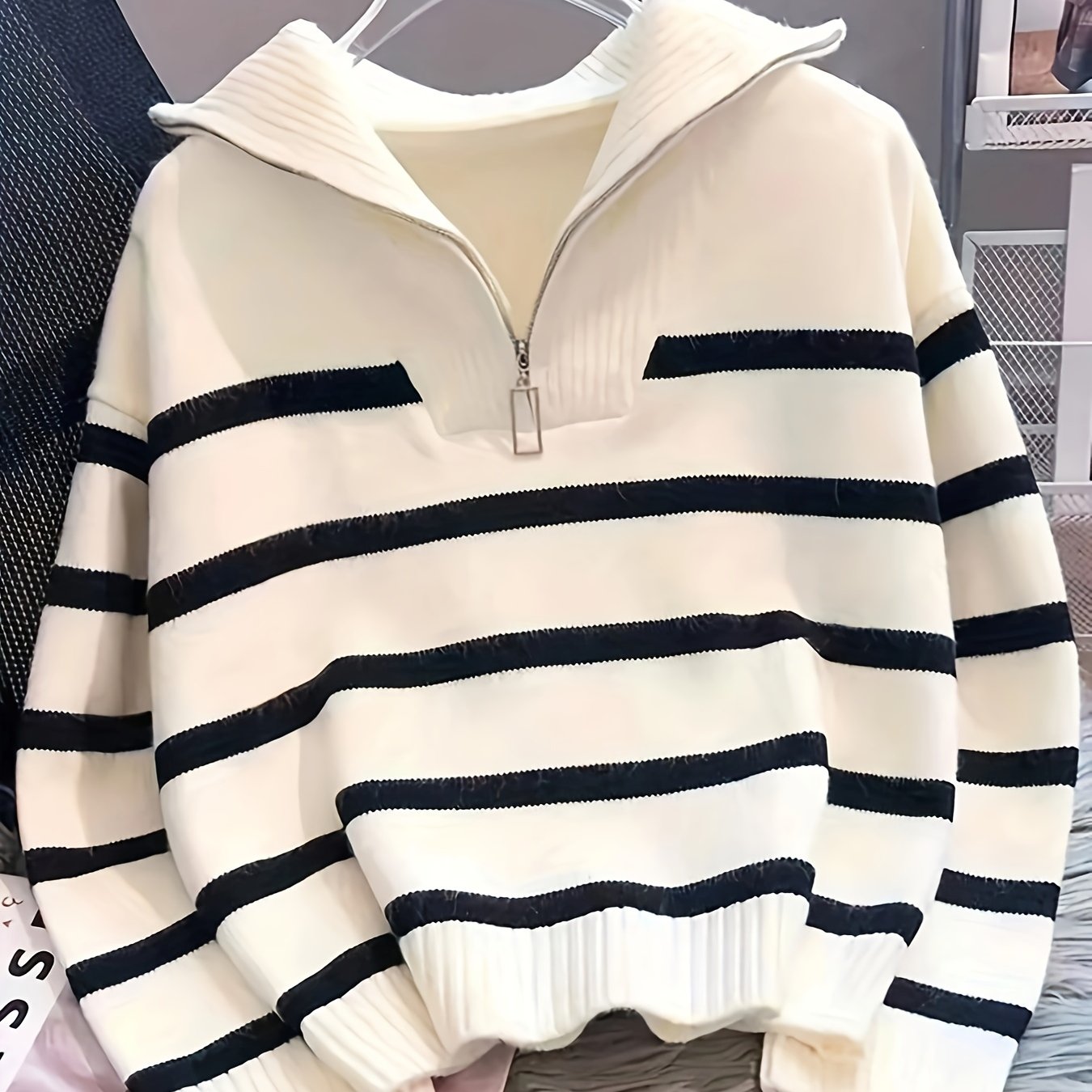 Striped Polyester Pullover with Lapel Collar for Casual Wear