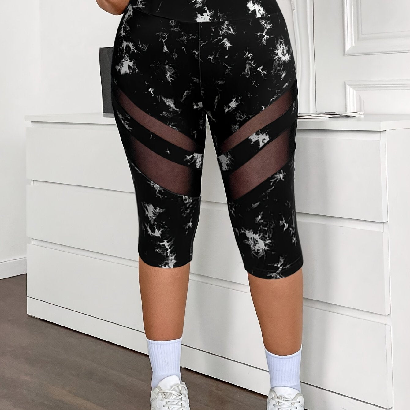 Plus Size Women's High-Waisted Mesh Panel Tie-Dye Yoga Shorts