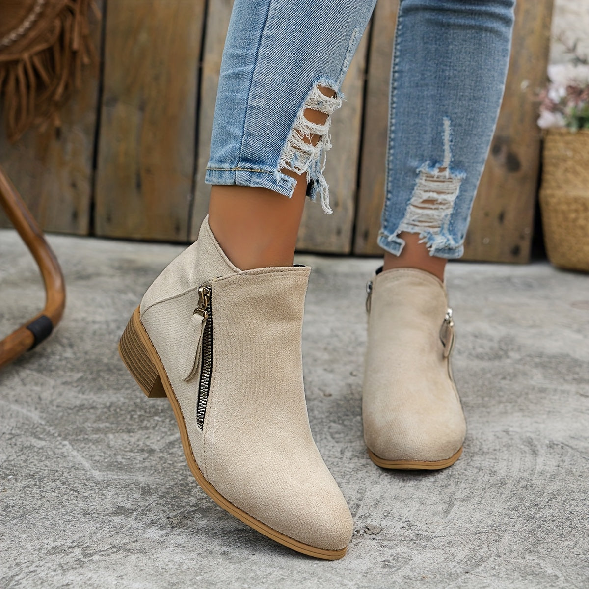 Women's Fashion Ankle Boots Solid Color Mid Heel Casual Slip-Ons