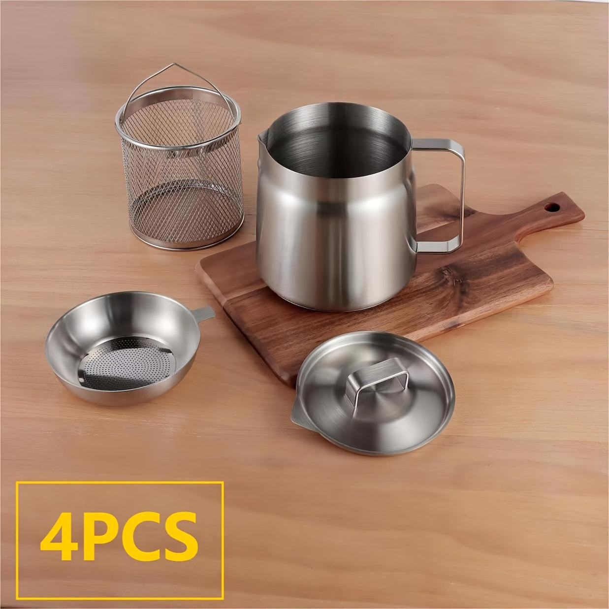 Set of 4 Stainless Steel Oil Dispensers with Strainers and Heat-Resistant Frying Cups
