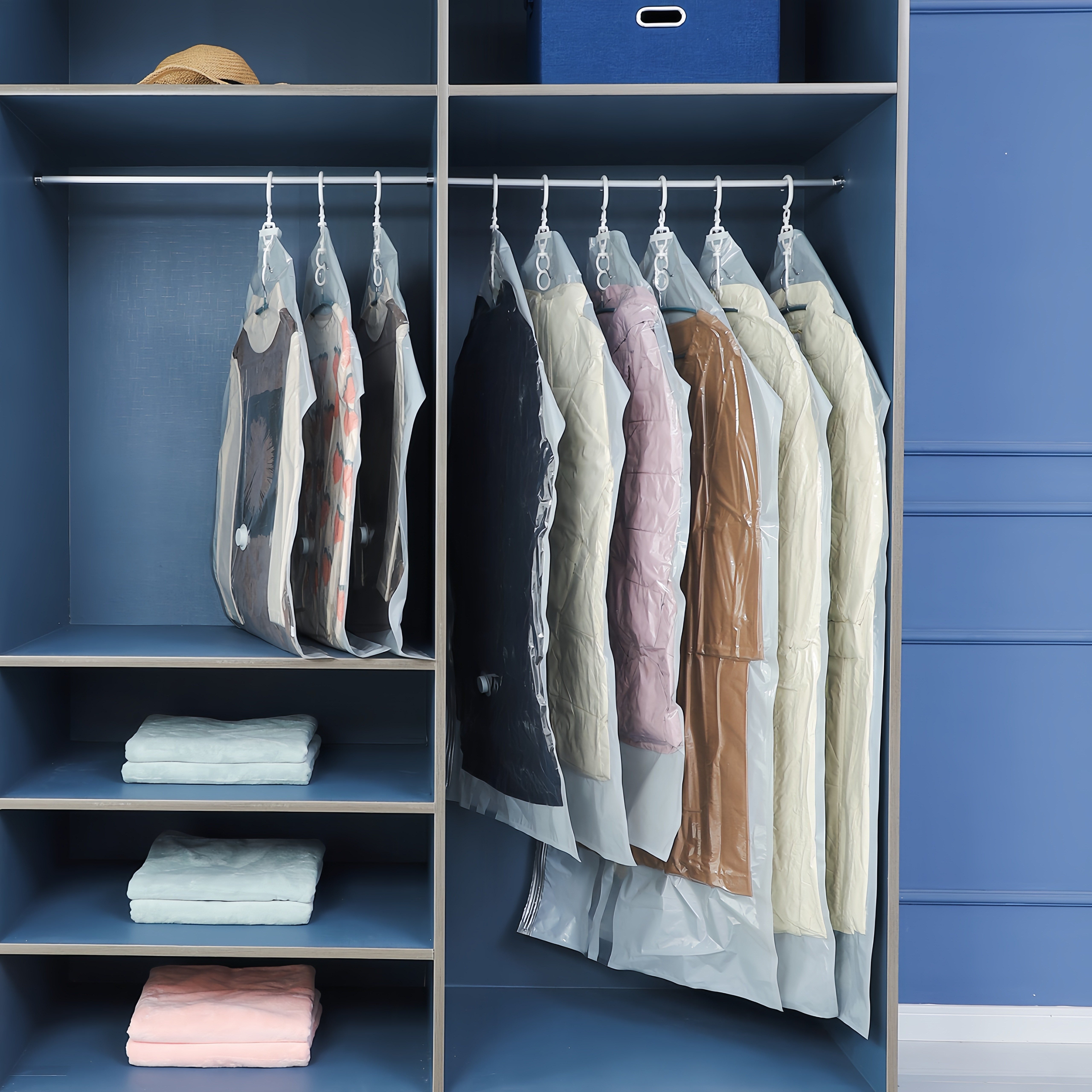 Kiyimlar, palto va kurtkalar uchun vakuum saqlash sumkalar, qo'lda pompali, 2, 4, 6 ta paket