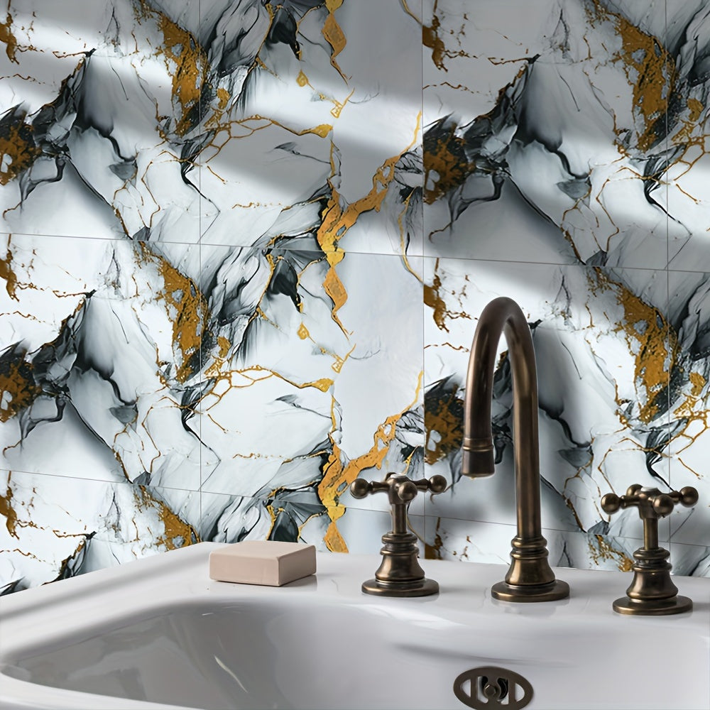 Self-Adhesive Marble Effect Wall Tile Stickers Waterproof PVC for Kitchen Bathroom Gray Gold Set