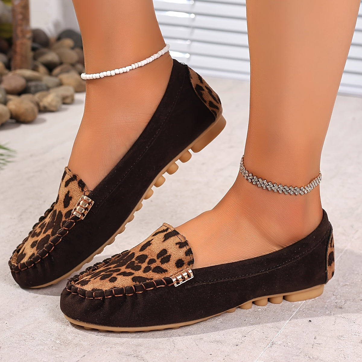 Women's Brown Leather Loafers with Metal Buckle Comfortable Slip-On Shoes