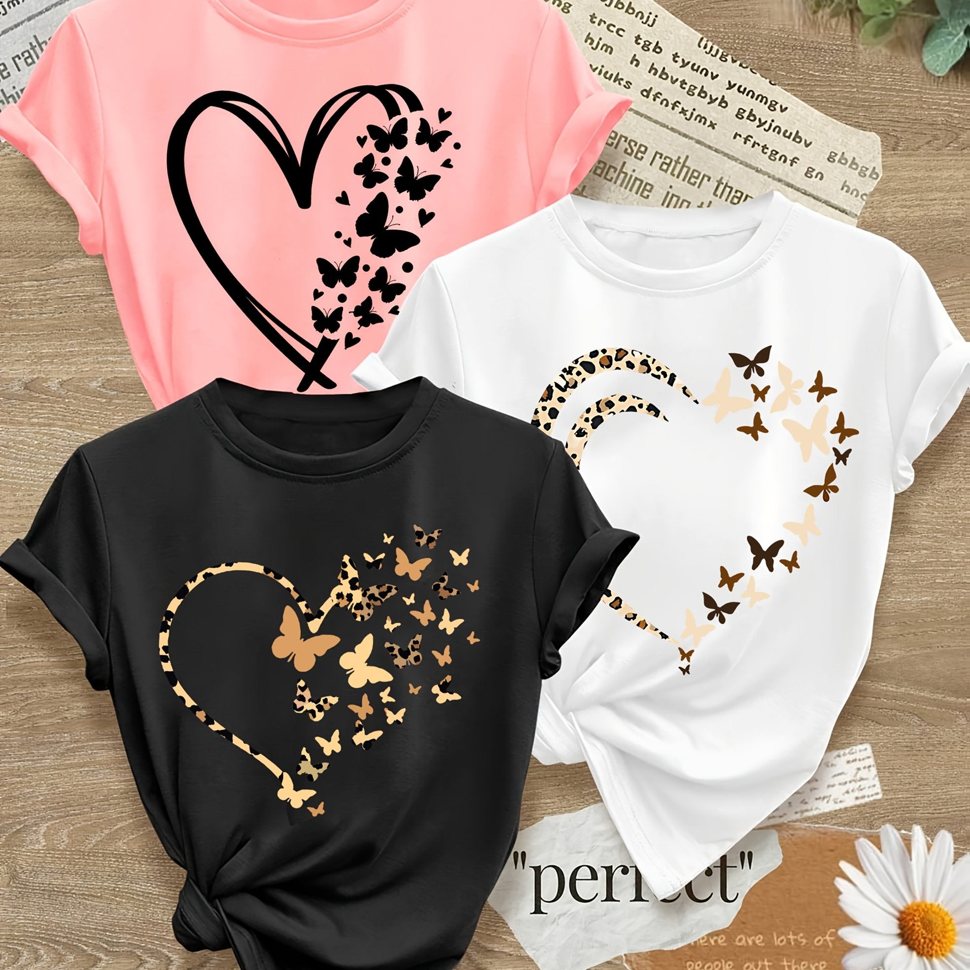 Women's Polyester Casual T-Shirts Set 3 Pack Large Size Heart Butterfly Patterns