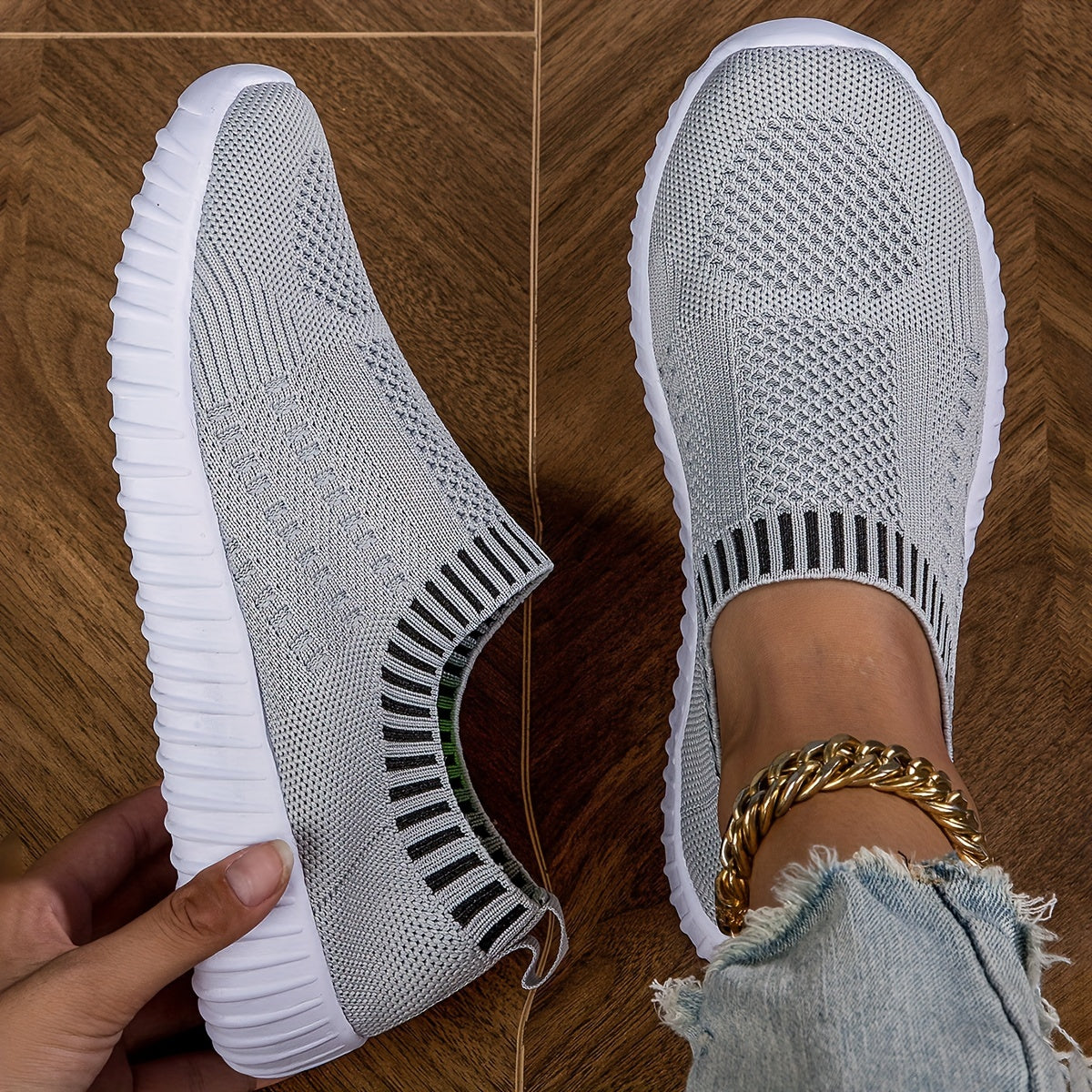 Women's Breathable Slip-On Knitted Sneakers, Casual Plus Size Walking Shoes