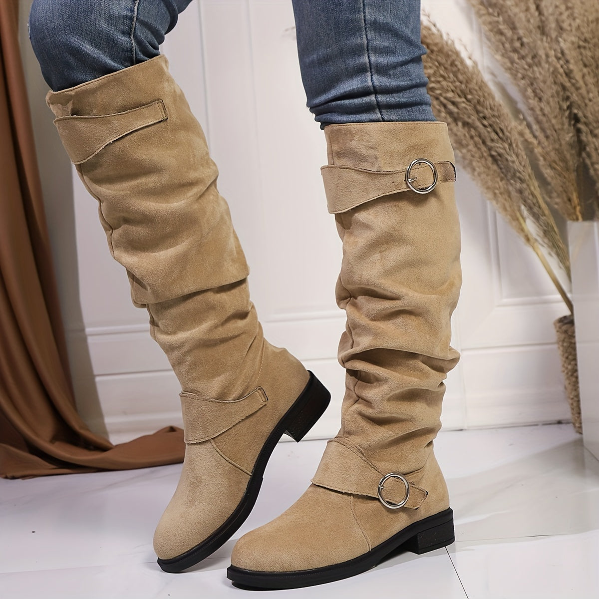 Women's Velvet Knee-High Boots with Buckle, Solid Color, Low Heel