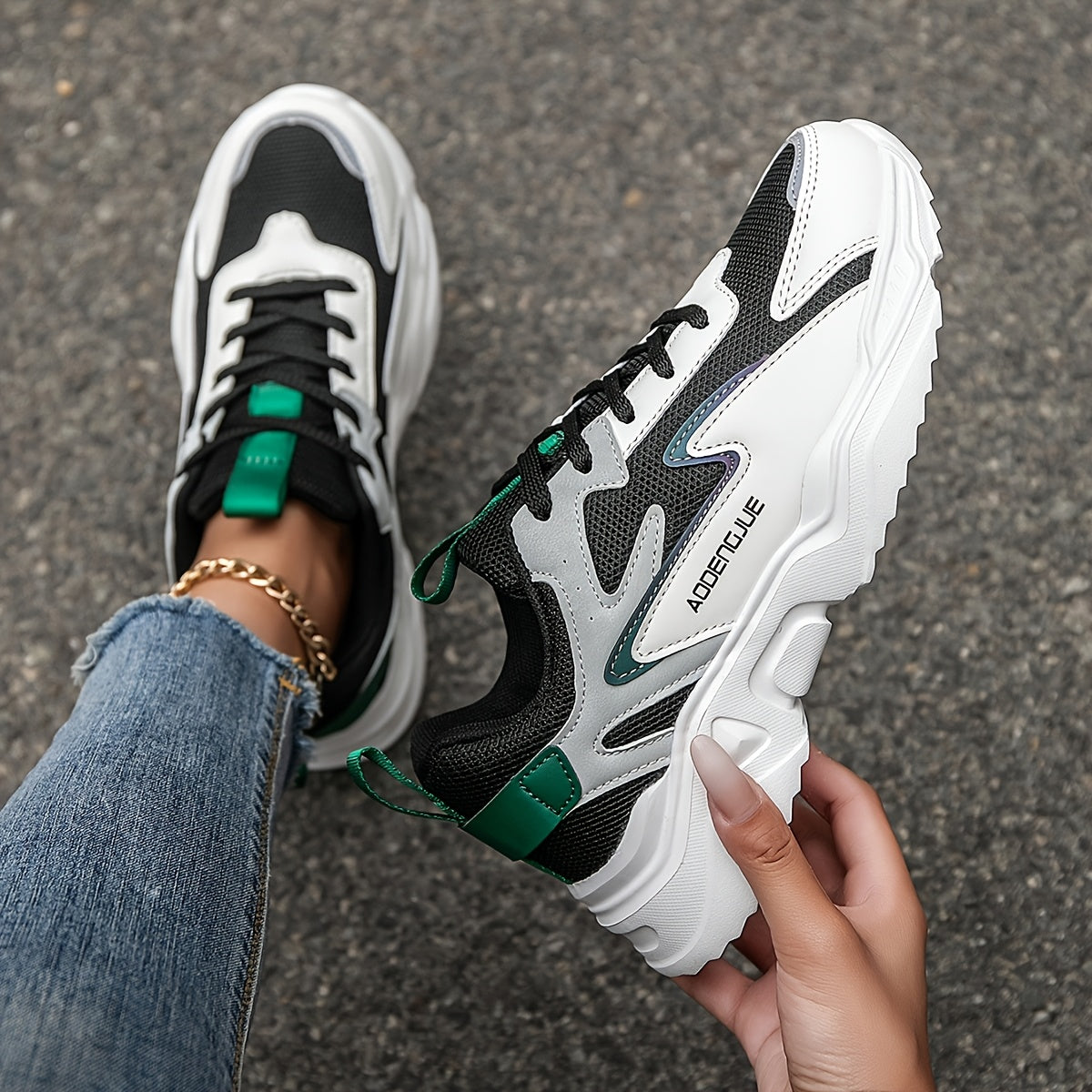 Women's Fashion Sneakers White Gray Patchwork Lace-Up Casual Shoes