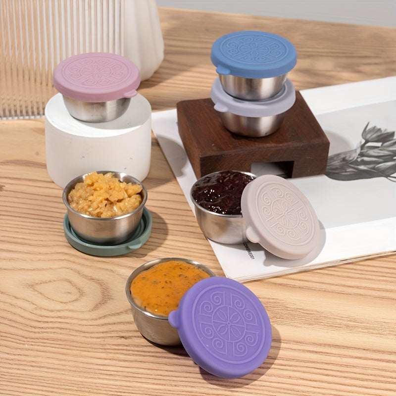 Stainless Steel Condiment Cup with Silicone Lid Leakproof Rust-Resistant Flower Pattern Multicolor