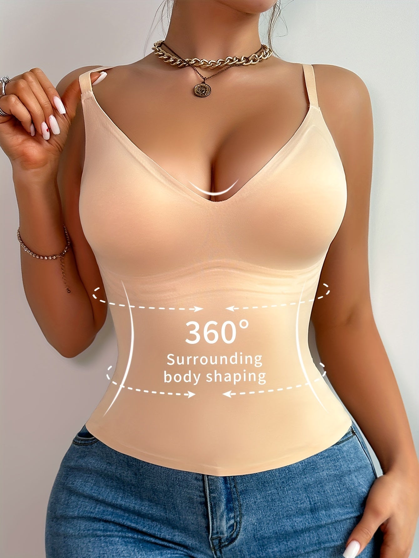 Women's Beige Slimming Body Shaper Bodysuit Tummy Control Thin Straps V-Neck Nylon Elastane