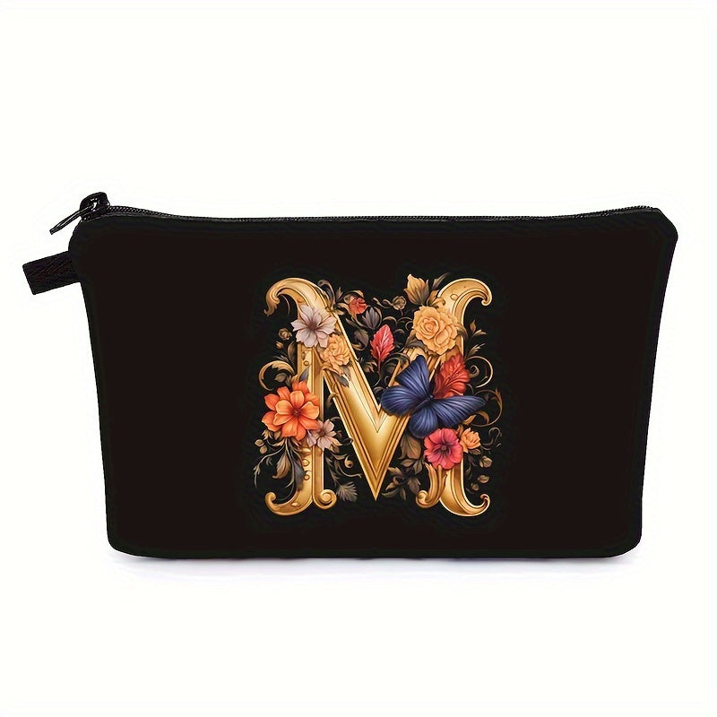 Bolsa de maquillaje negra para mujer con patrón de mariposas y flores para organizar los esenciales de belleza