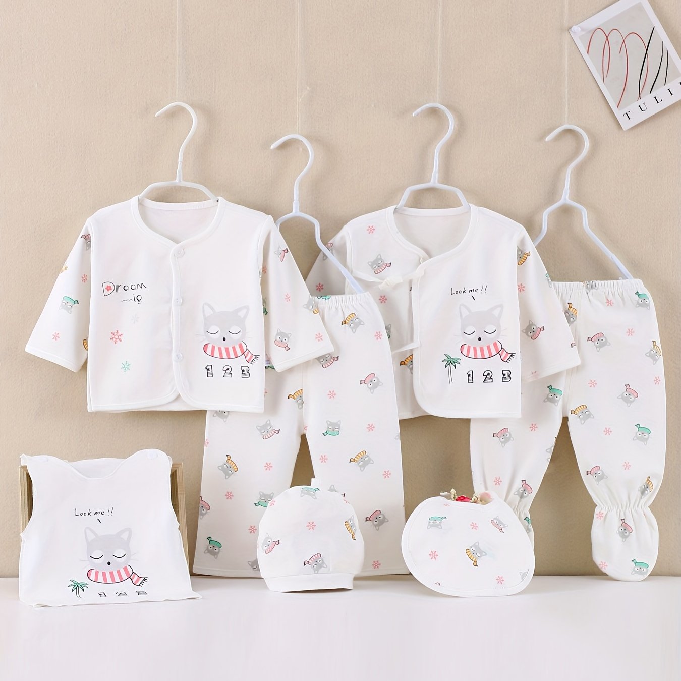 Детский 7-частный хлопковый комплект с котячим принтом для всех сезонов и активного отдыха